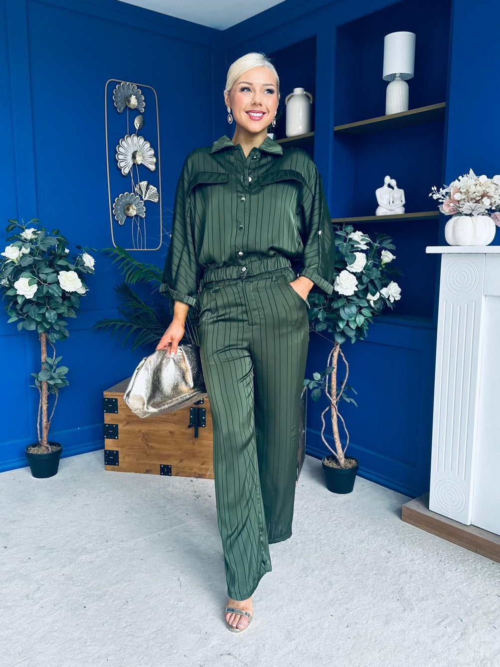 Gracie Satin Pinstripe Top & Trouser Set Green