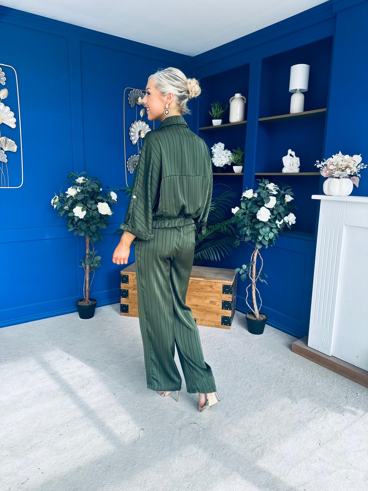 Gracie Satin Pinstripe Top & Trouser Set Green