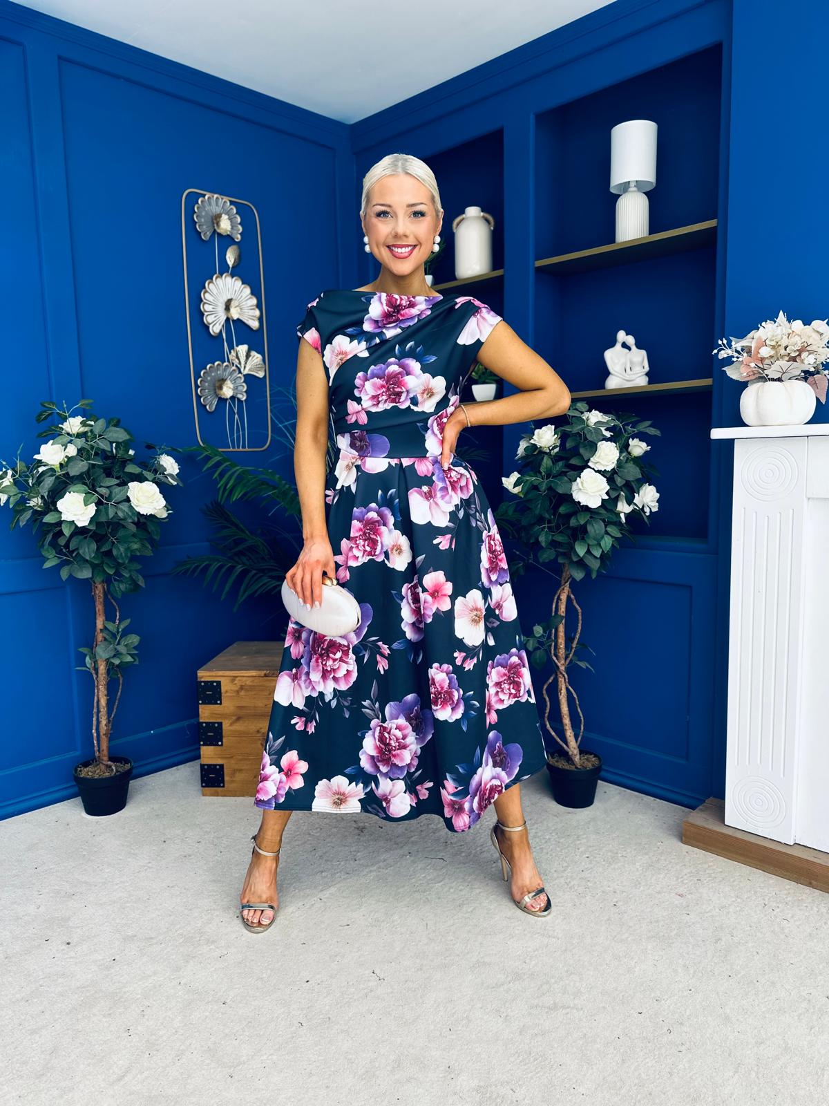 Breffy Asymmetric Neckline Skater Midi Floral Navy