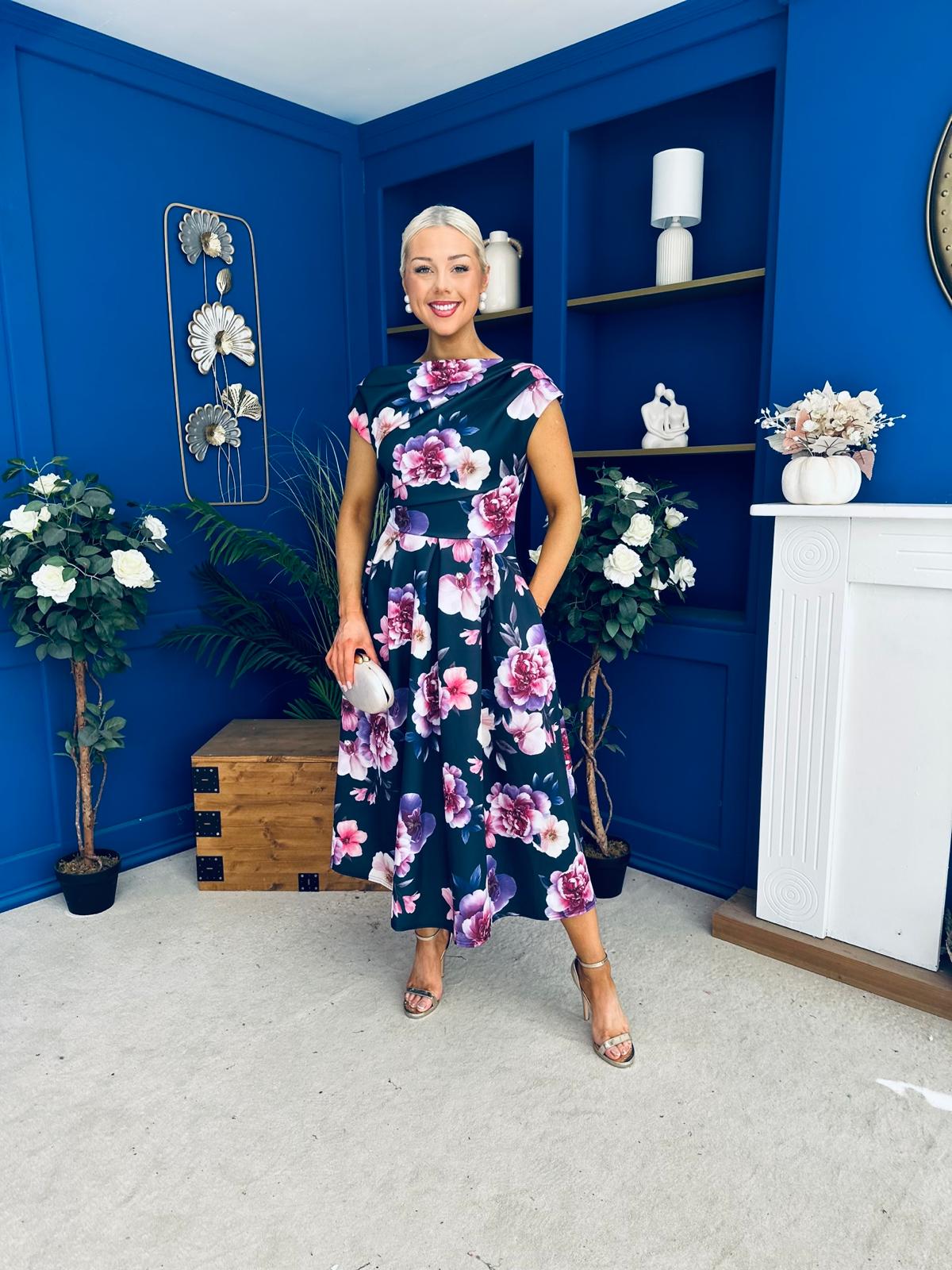 Breffy Asymmetric Neckline Skater Midi Floral Navy