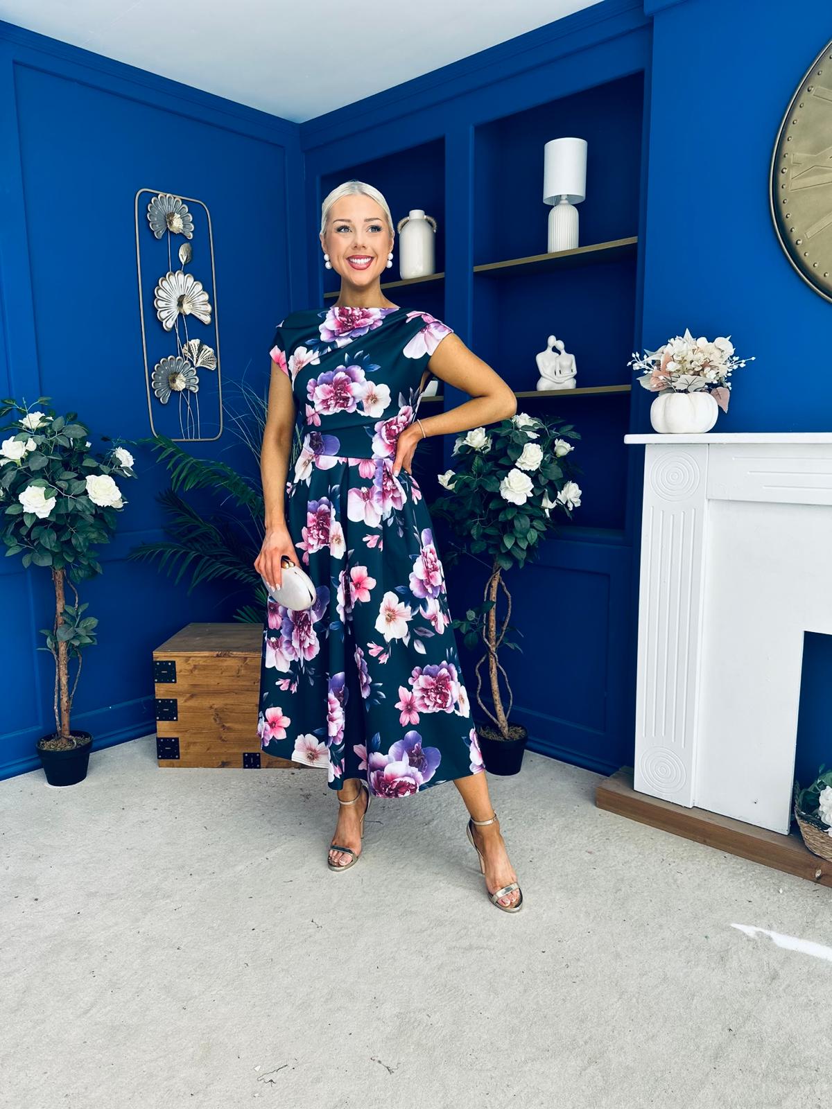 Breffy Asymmetric Neckline Skater Midi Floral Navy