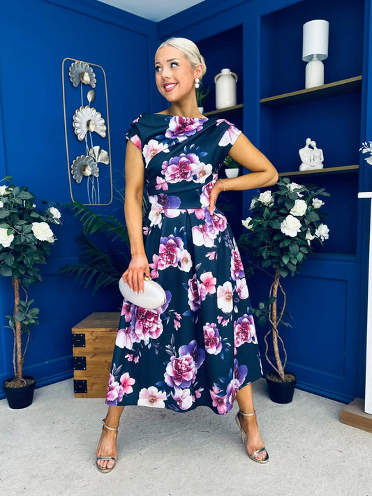 Breffy Asymmetric Neckline Skater Midi Floral Navy