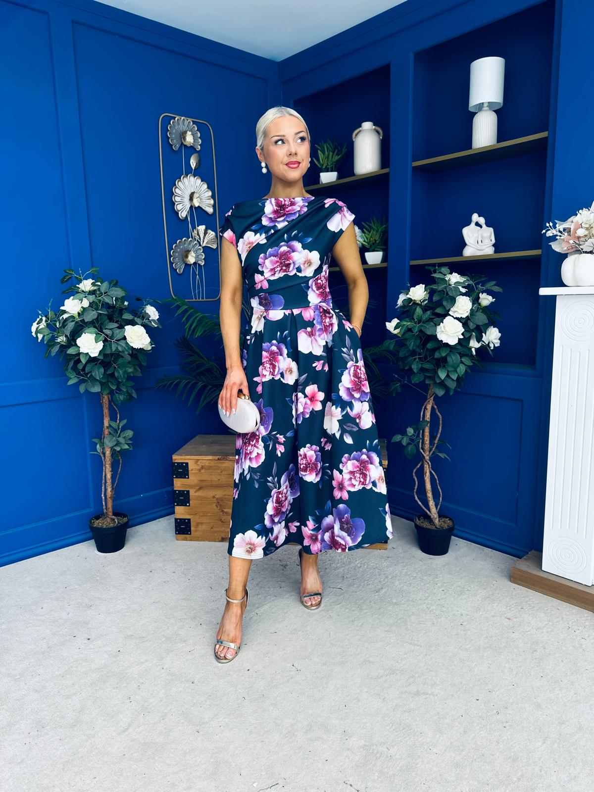 Breffy Asymmetric Neckline Skater Midi Floral Navy