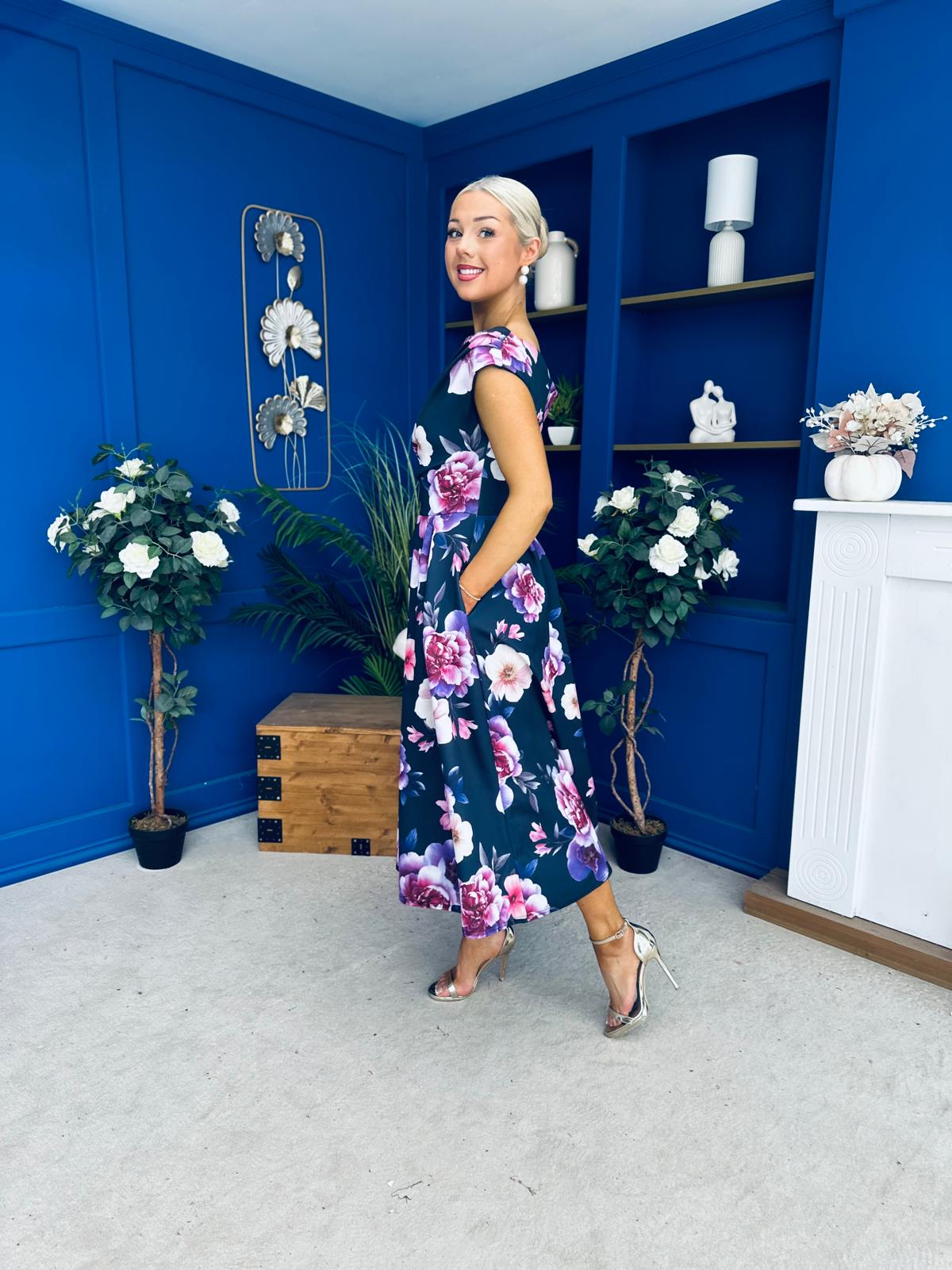 Breffy Asymmetric Neckline Skater Midi Floral Navy