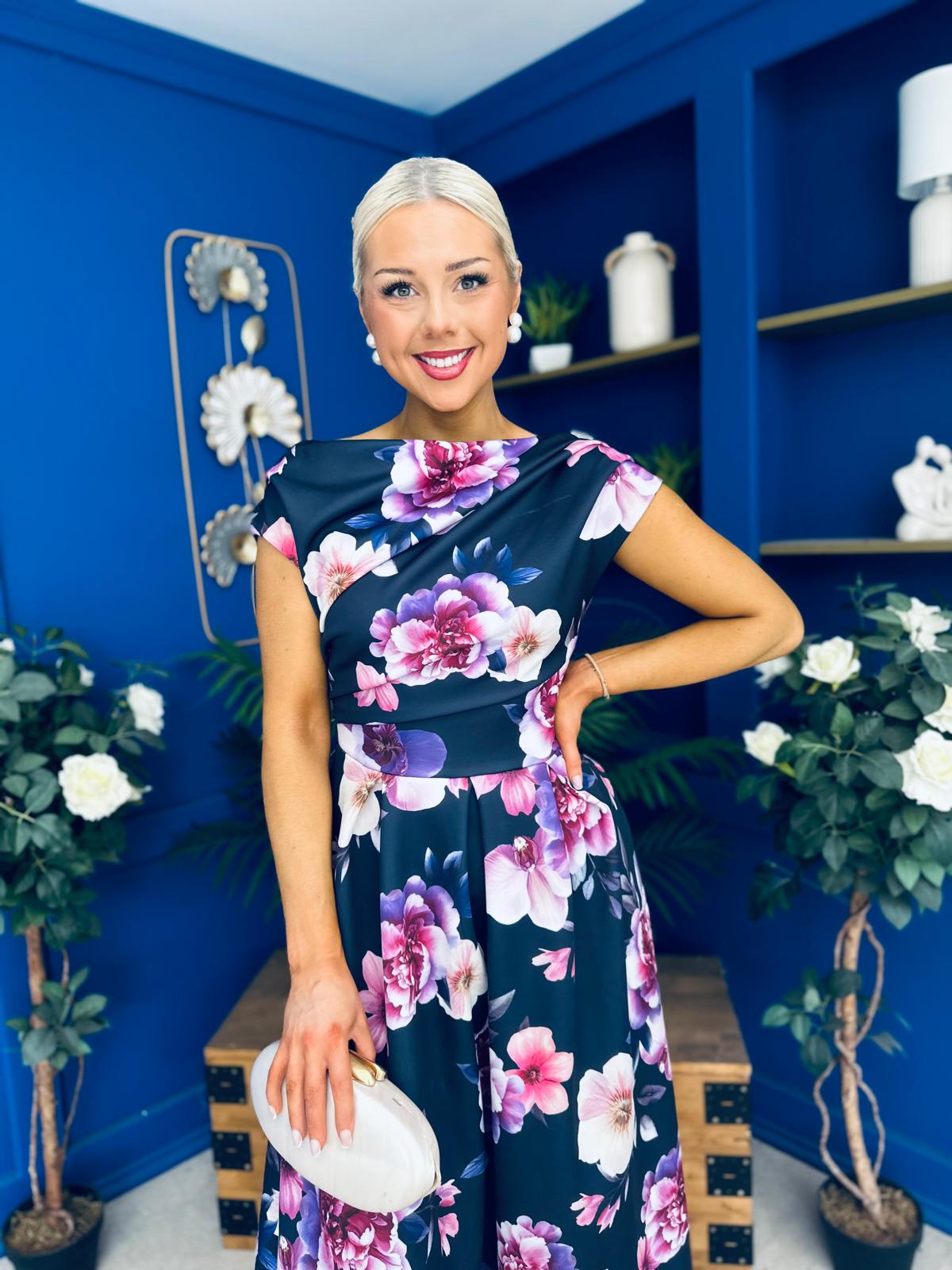 Breffy Asymmetric Neckline Skater Midi Floral Navy
