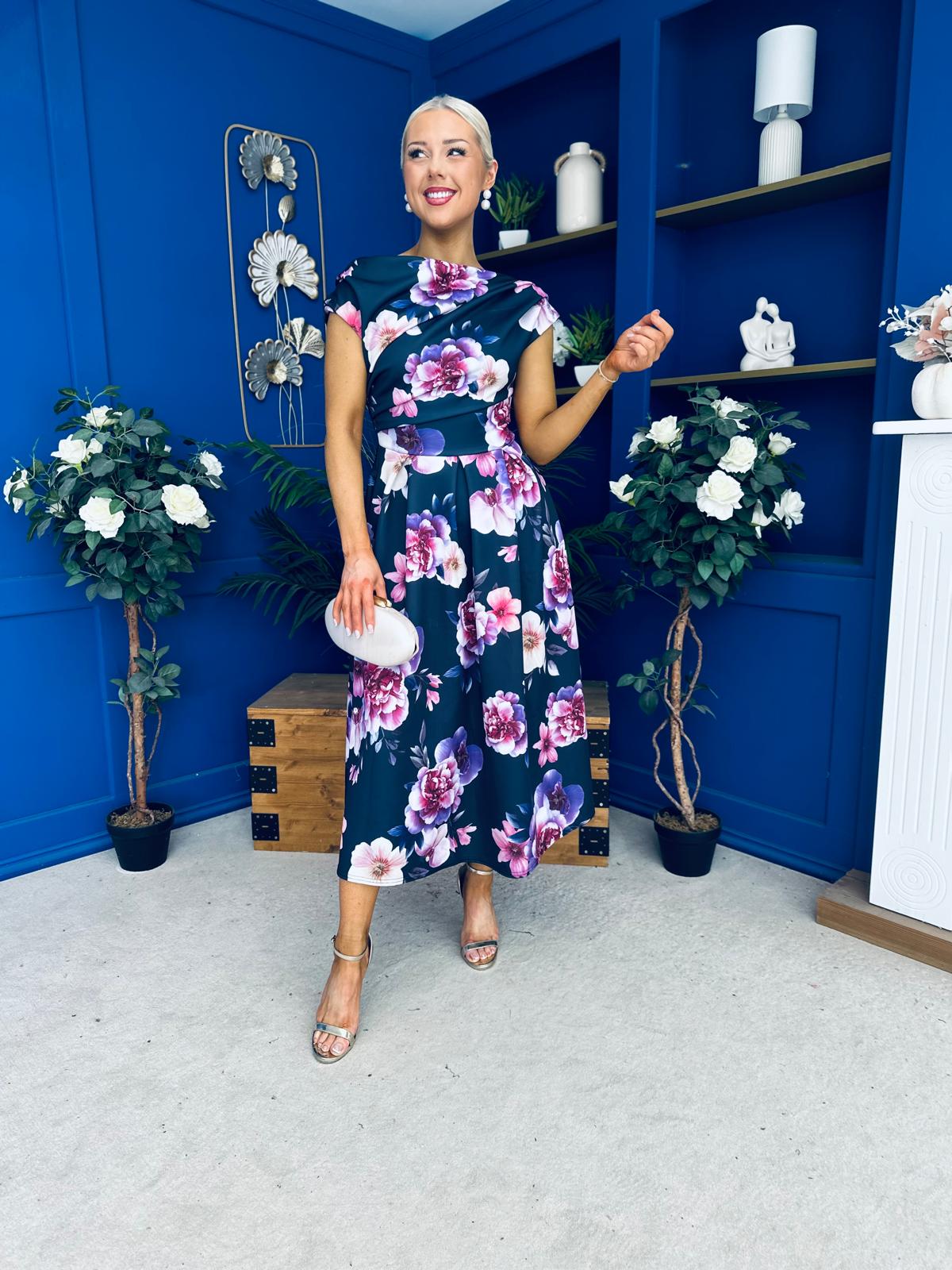 Breffy Asymmetric Neckline Skater Midi Floral Navy
