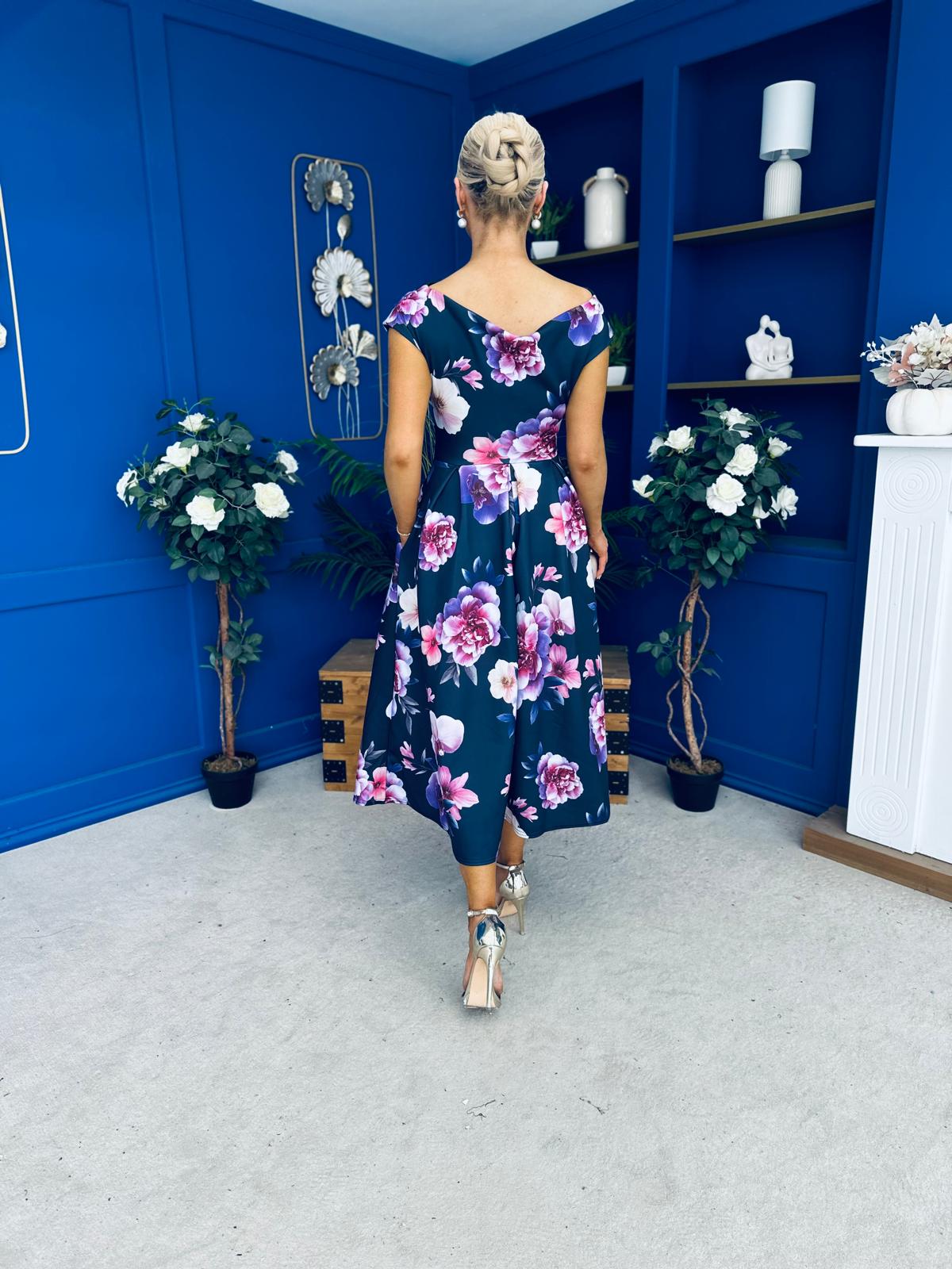 Breffy Asymmetric Neckline Skater Midi Floral Navy