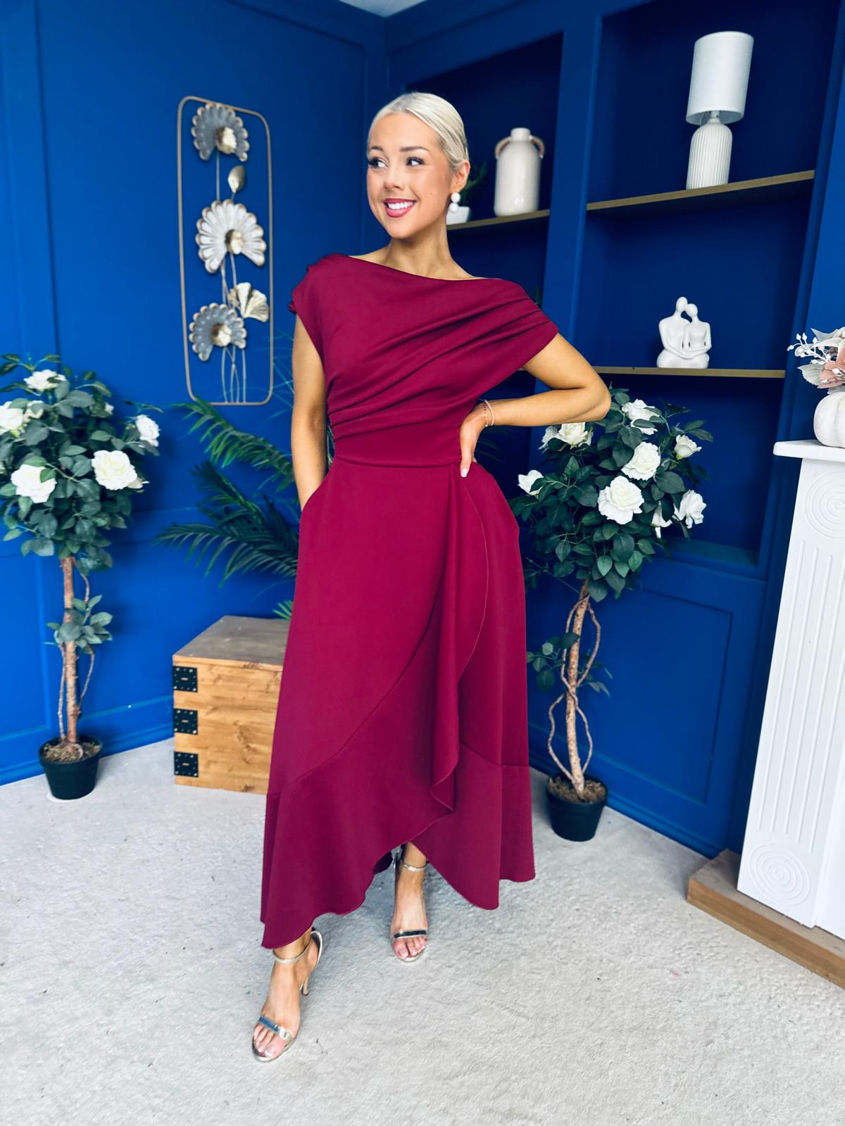 Florie Frill Wrap Maxi Dress Wine