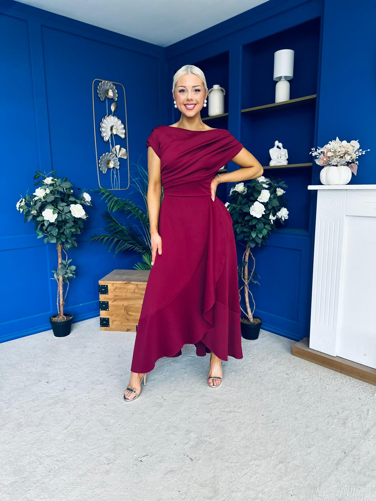 Florie Frill Wrap Maxi Dress Wine