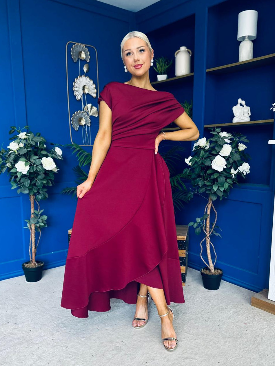 Florie Frill Wrap Maxi Dress Wine