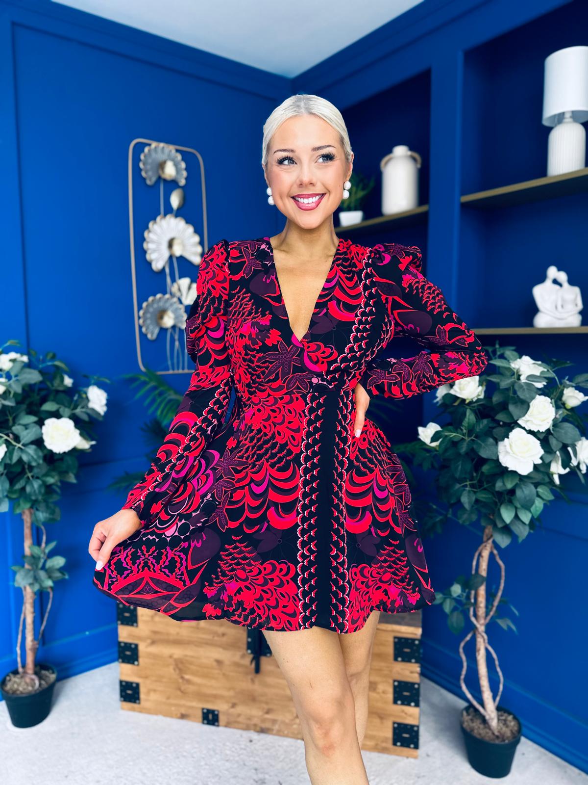 Jules Long Puff Sleeve Mini Dress Abstract Black