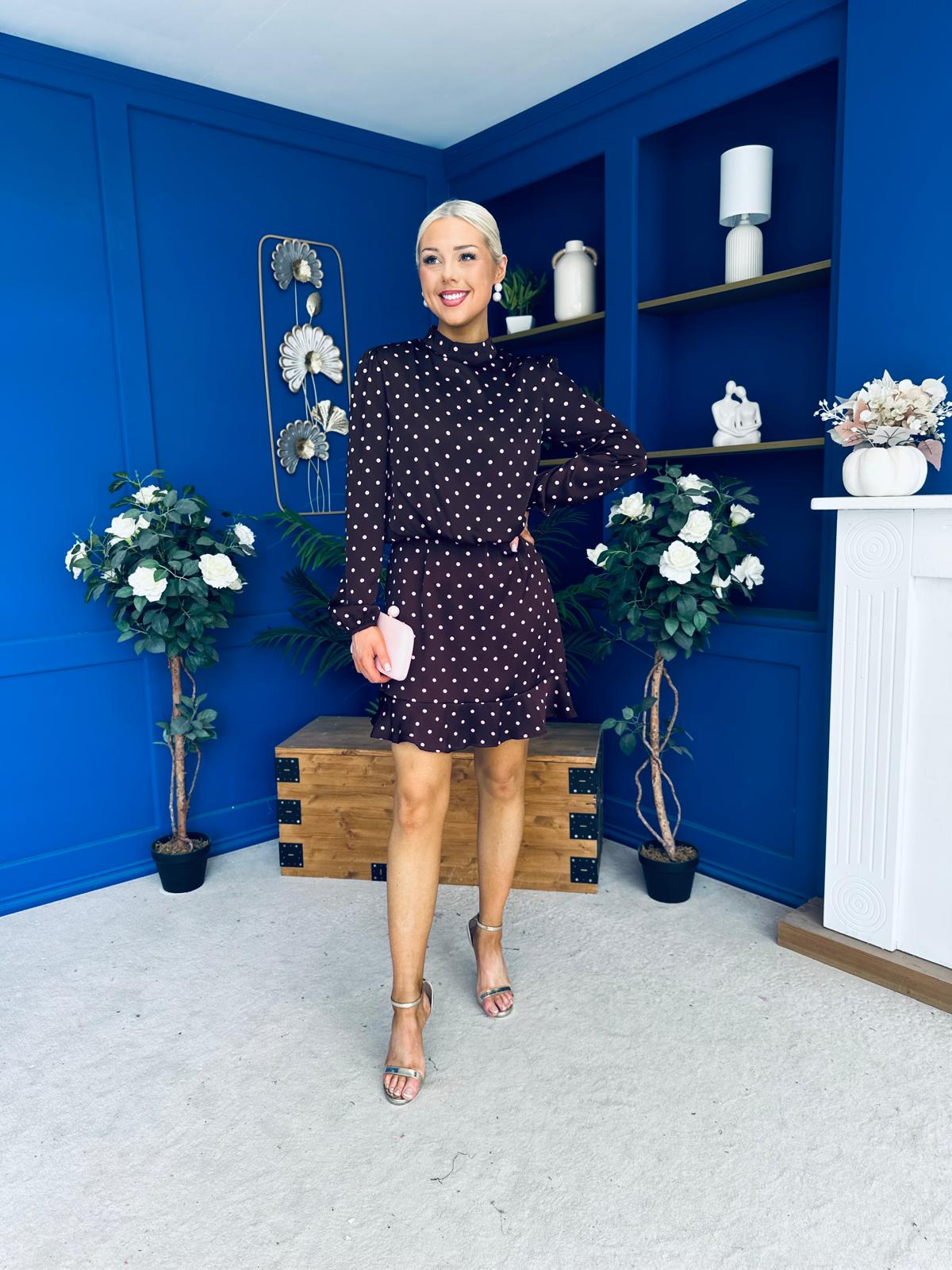 Riana High Neck Long Sleeve Mini Dress Pink Polka Burgundy