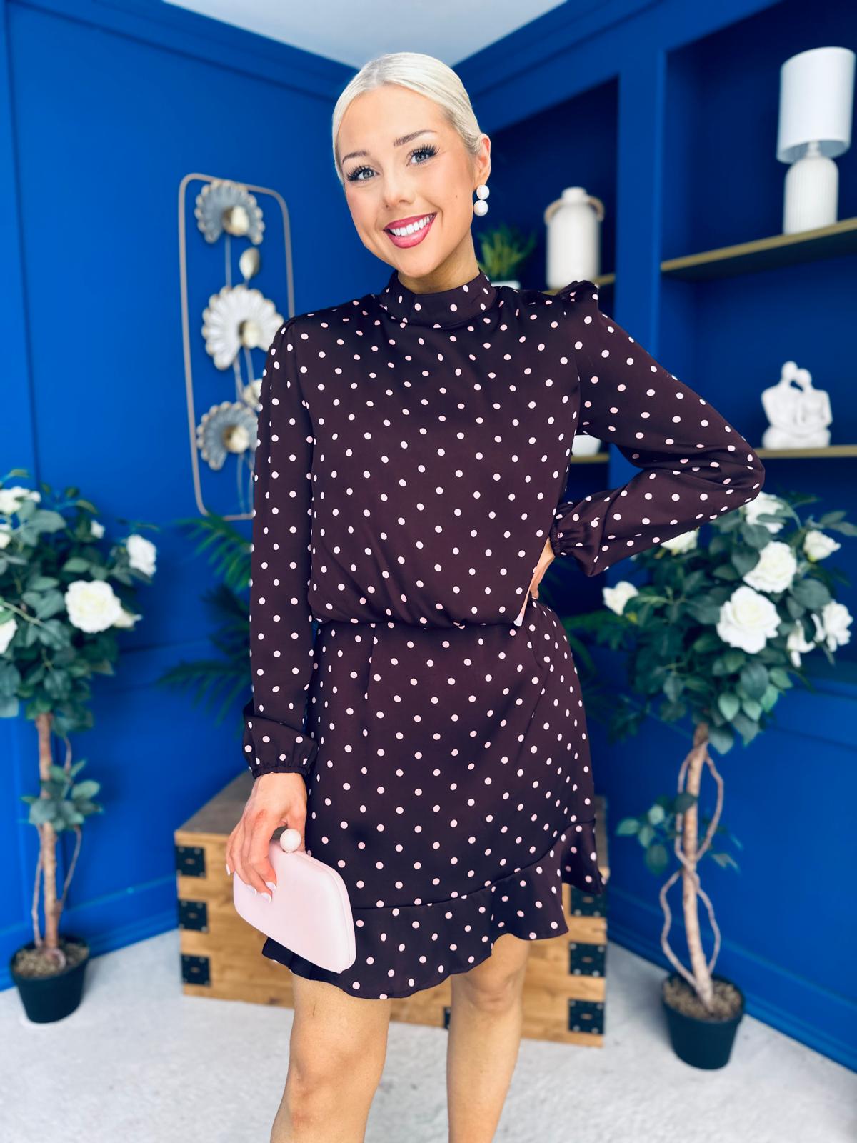 Riana High Neck Long Sleeve Mini Dress Pink Polka Burgundy