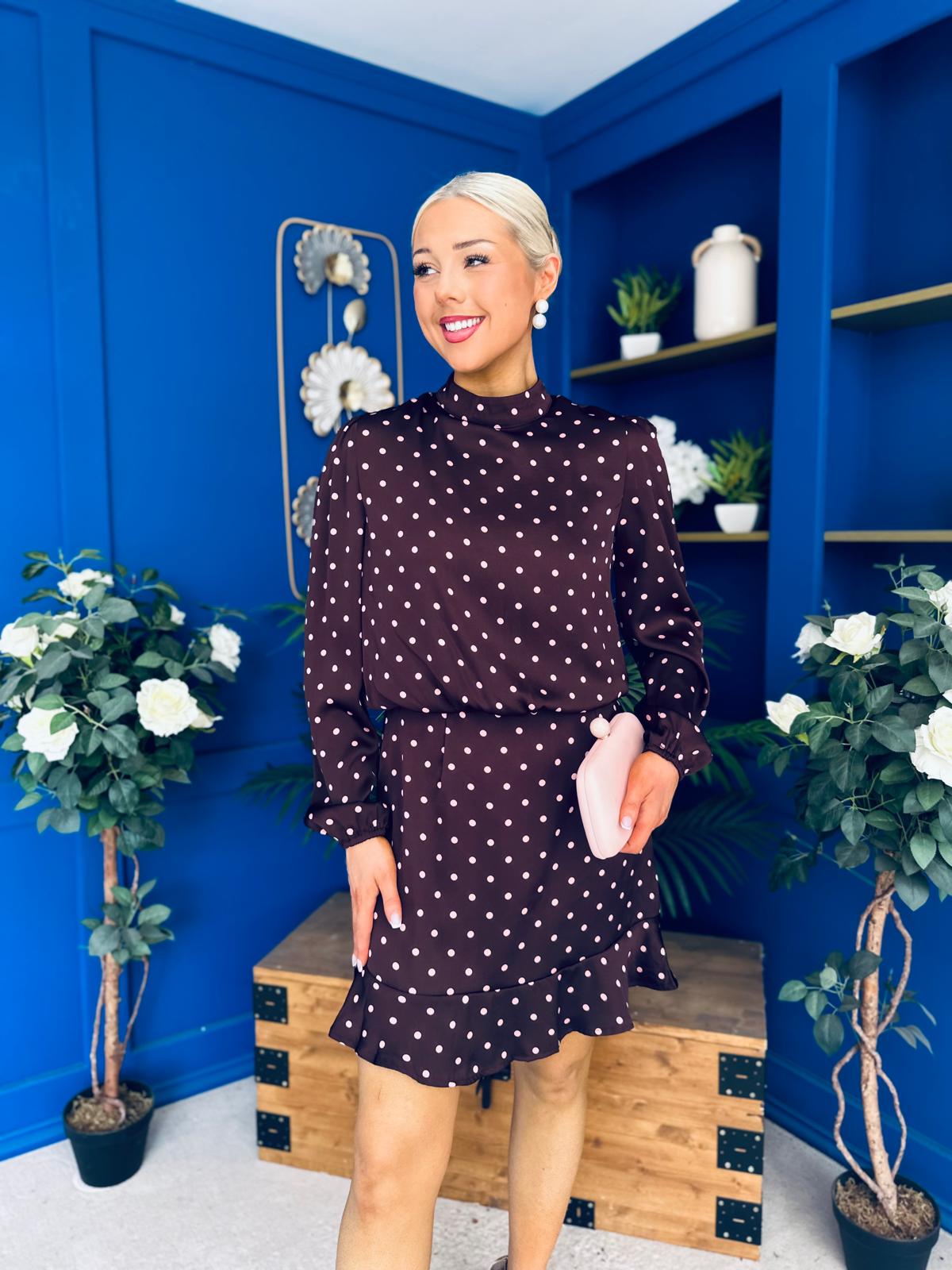 Riana High Neck Long Sleeve Mini Dress Pink Polka Burgundy
