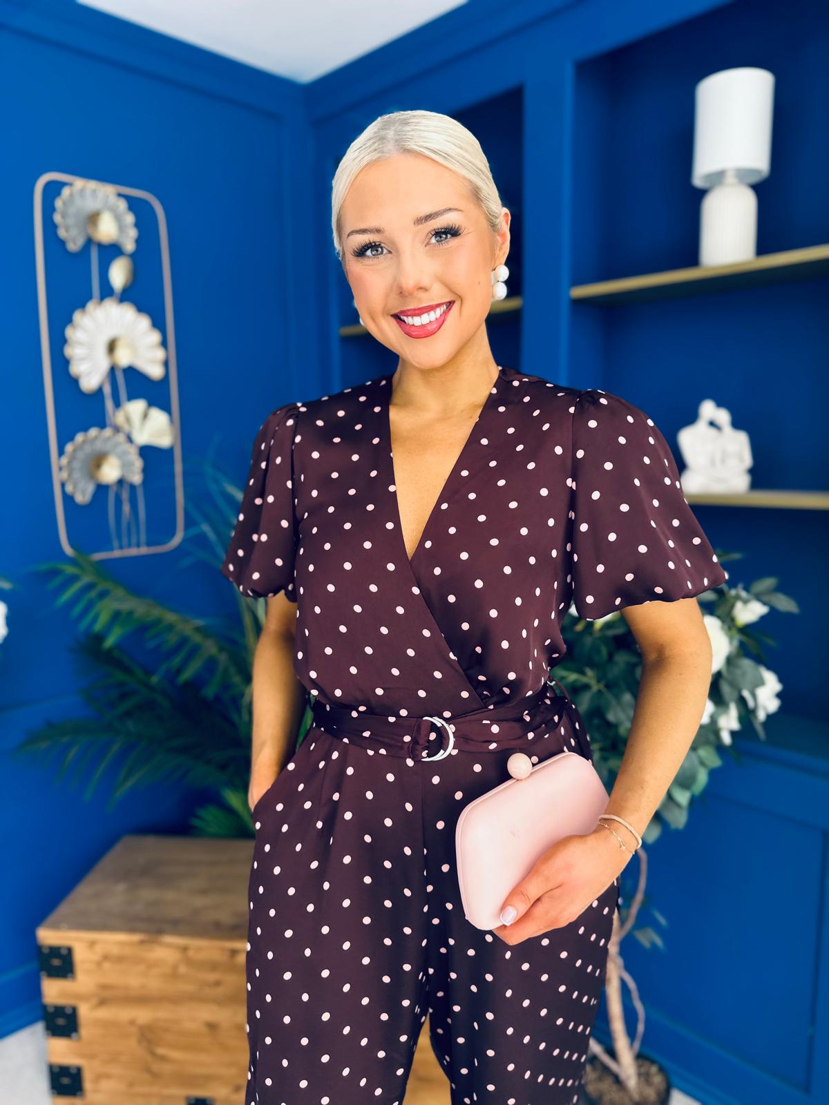 Lyla Belted Culotte Jumpsuit Pink Polka Burgundy