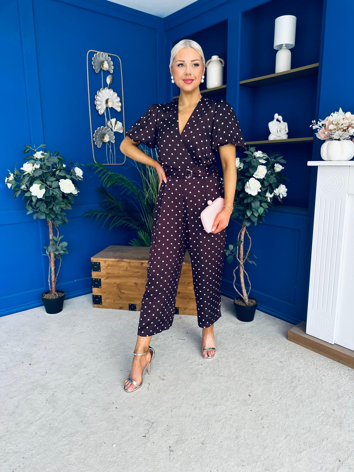Lyla Belted Culotte Jumpsuit Pink Polka Burgundy