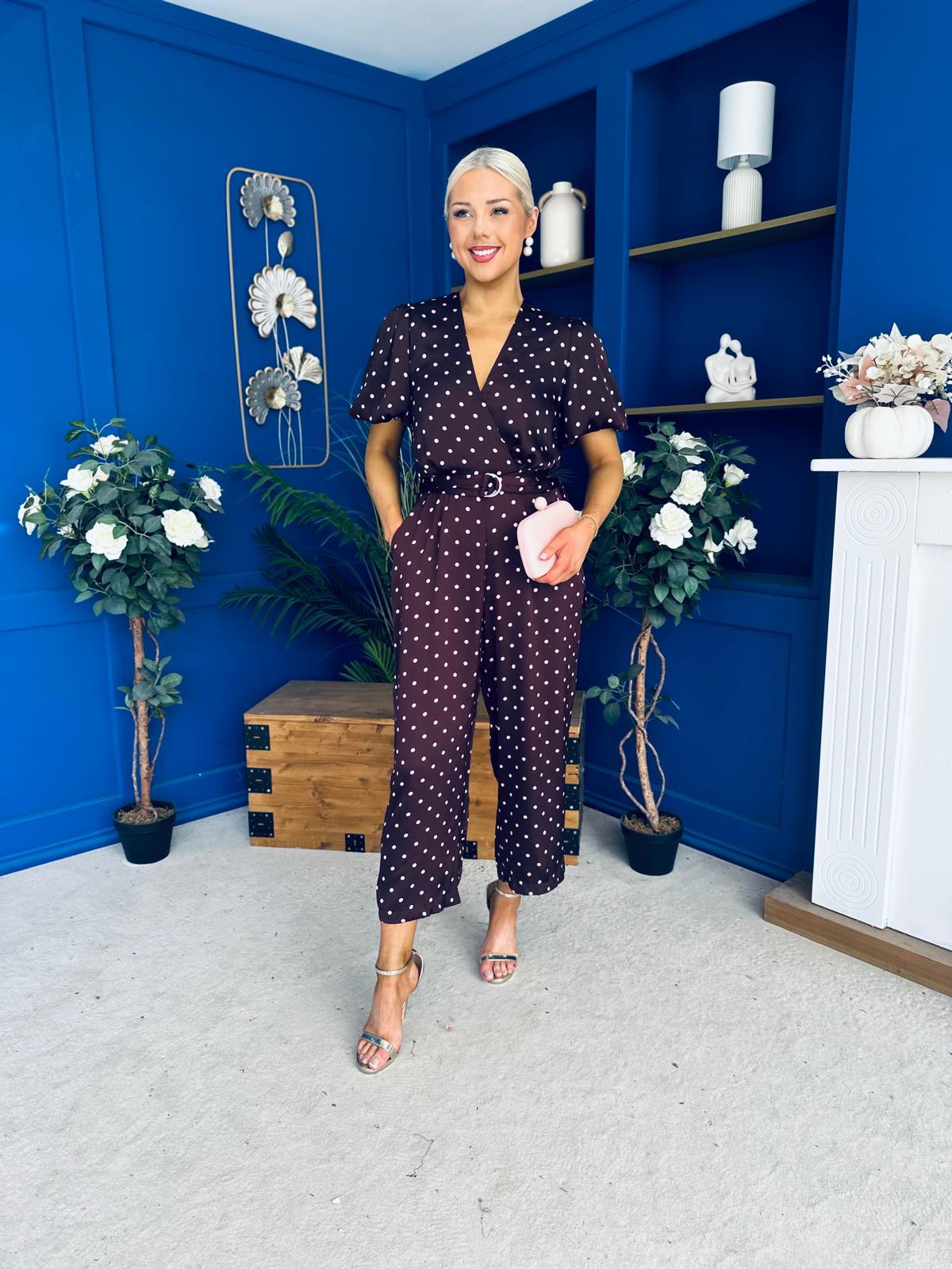 Lyla Belted Culotte Jumpsuit Pink Polka Burgundy