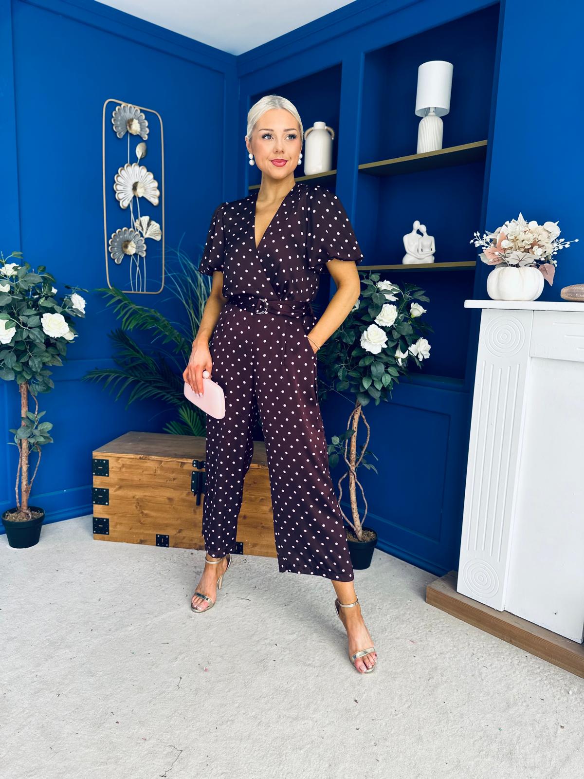 Lyla Belted Culotte Jumpsuit Pink Polka Burgundy