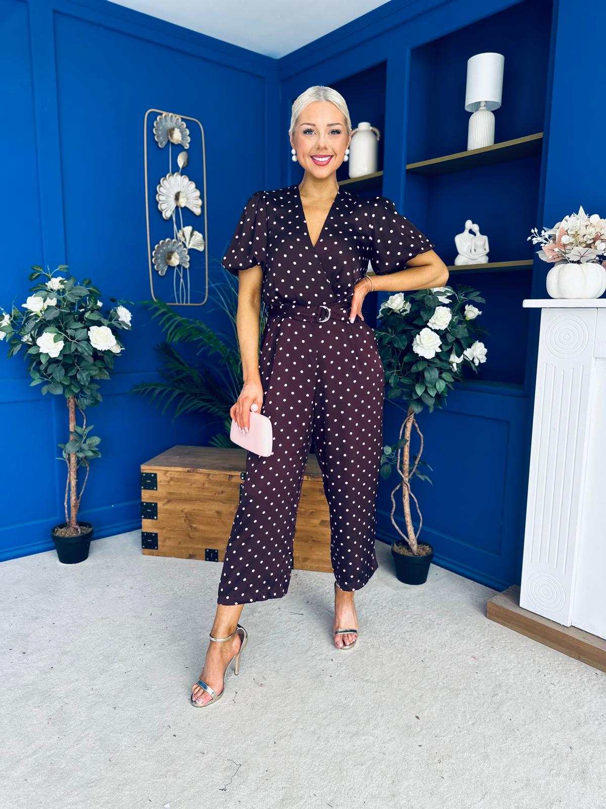 Lyla Belted Culotte Jumpsuit Pink Polka Burgundy