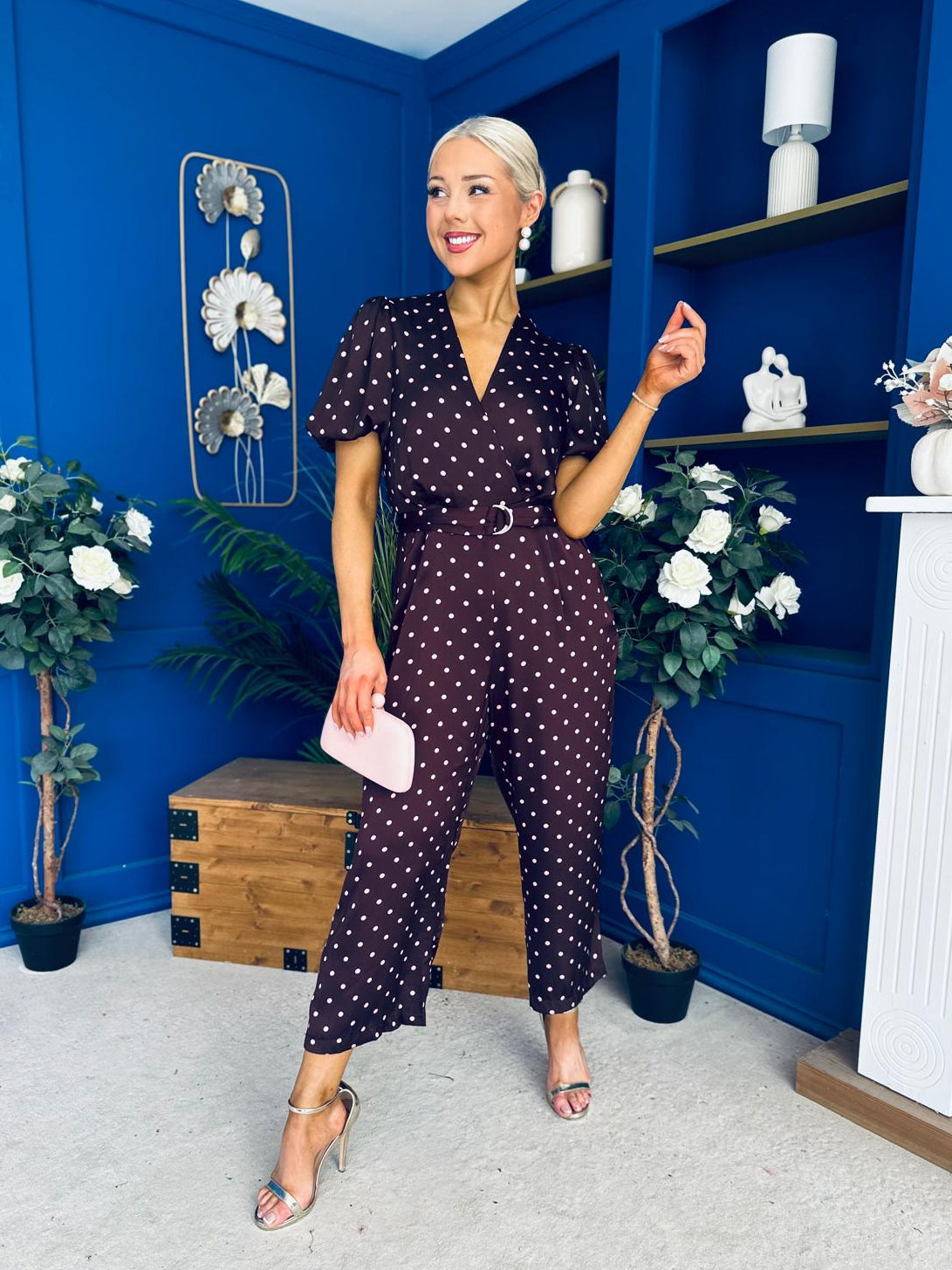 Lyla Belted Culotte Jumpsuit Pink Polka Burgundy
