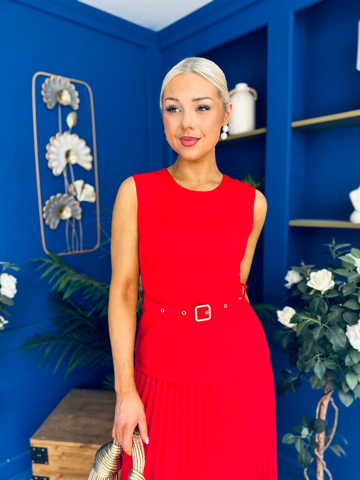 Doireann Pleat Detail Midi Dress Red