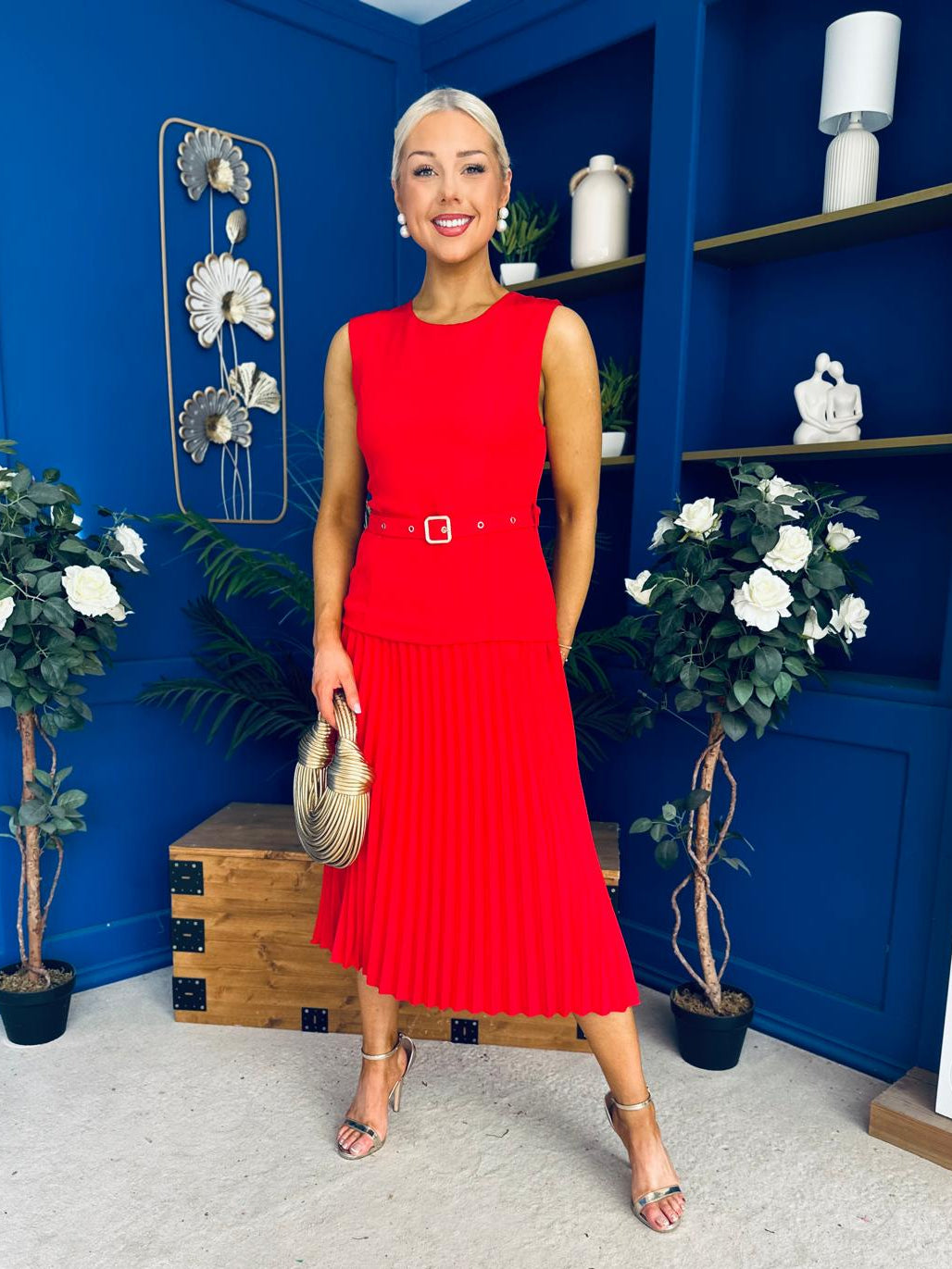 Doireann Pleat Detail Midi Dress Red