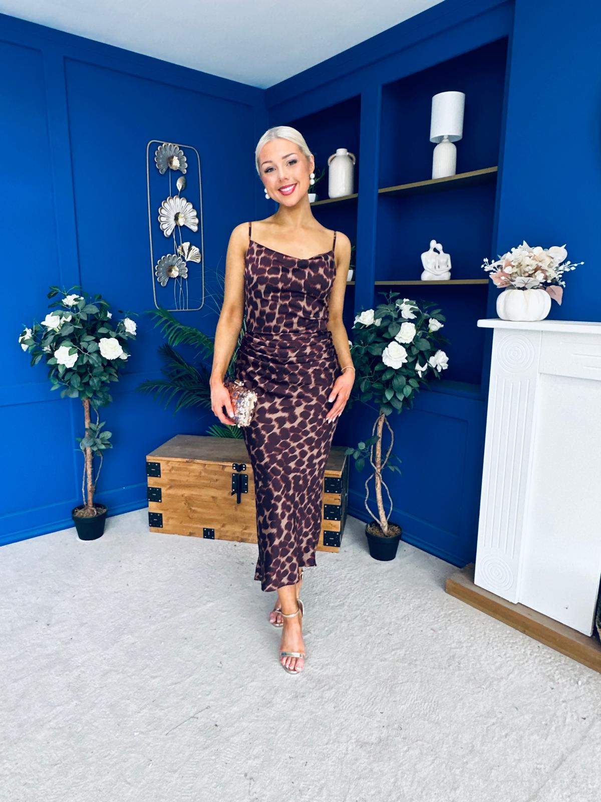 Ophelia Strappy Cowl Neck Ruched Midi Dress Multi Animal