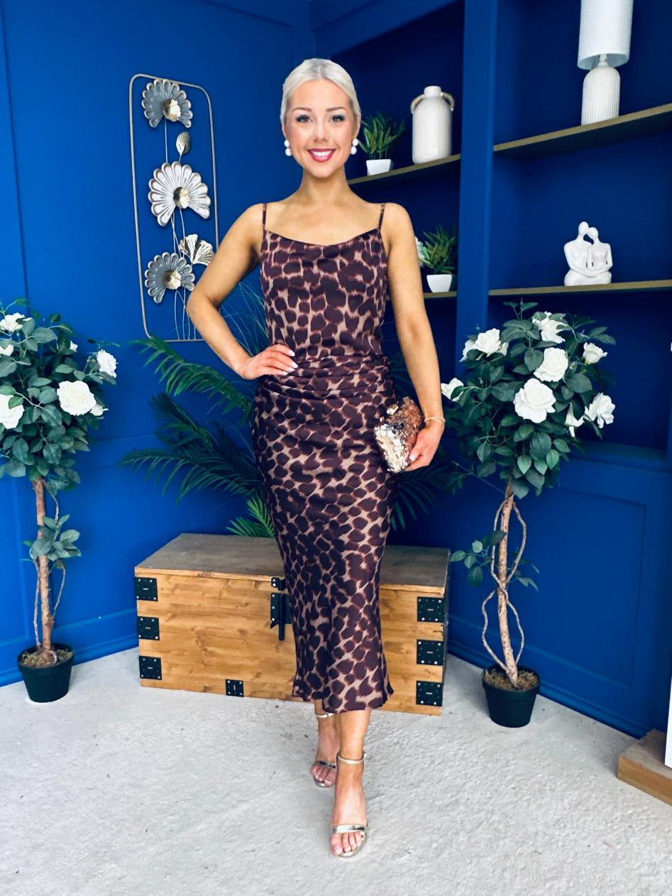 Ophelia Strappy Cowl Neck Ruched Midi Dress Multi Animal