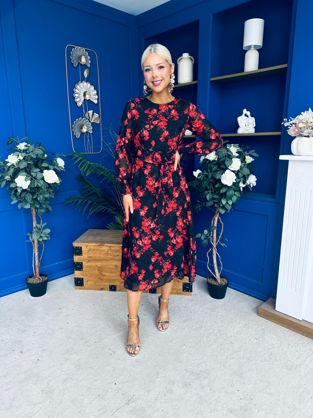 Perry Full Sleeve Midi Dress Floral Black