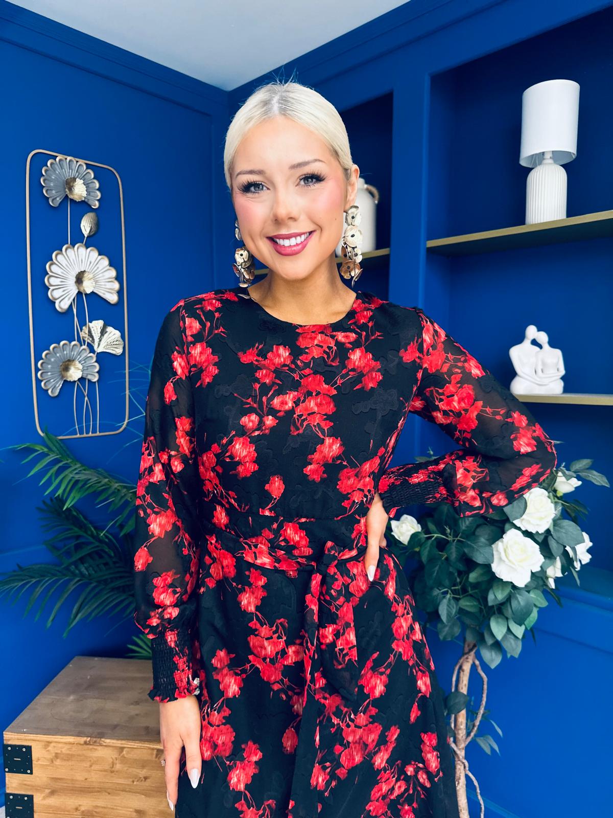 Perry Full Sleeve Midi Dress Floral Black