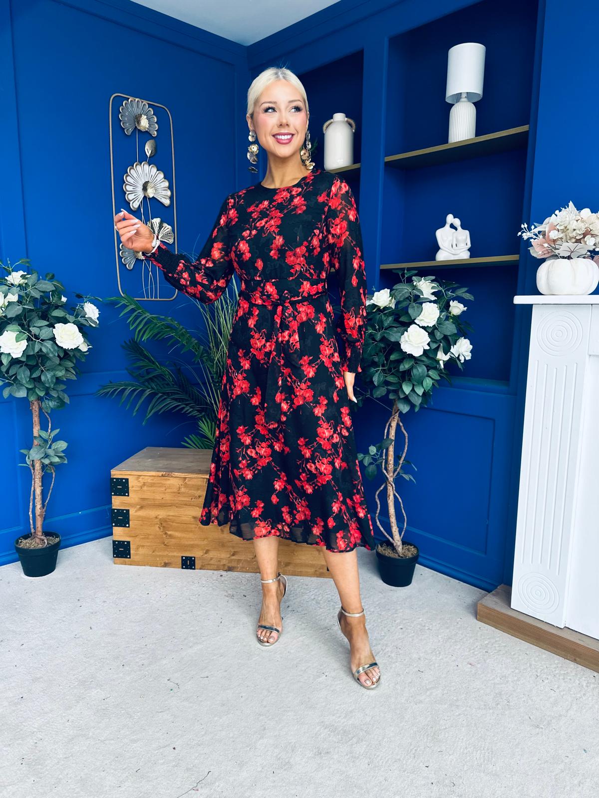 Perry Full Sleeve Midi Dress Floral Black