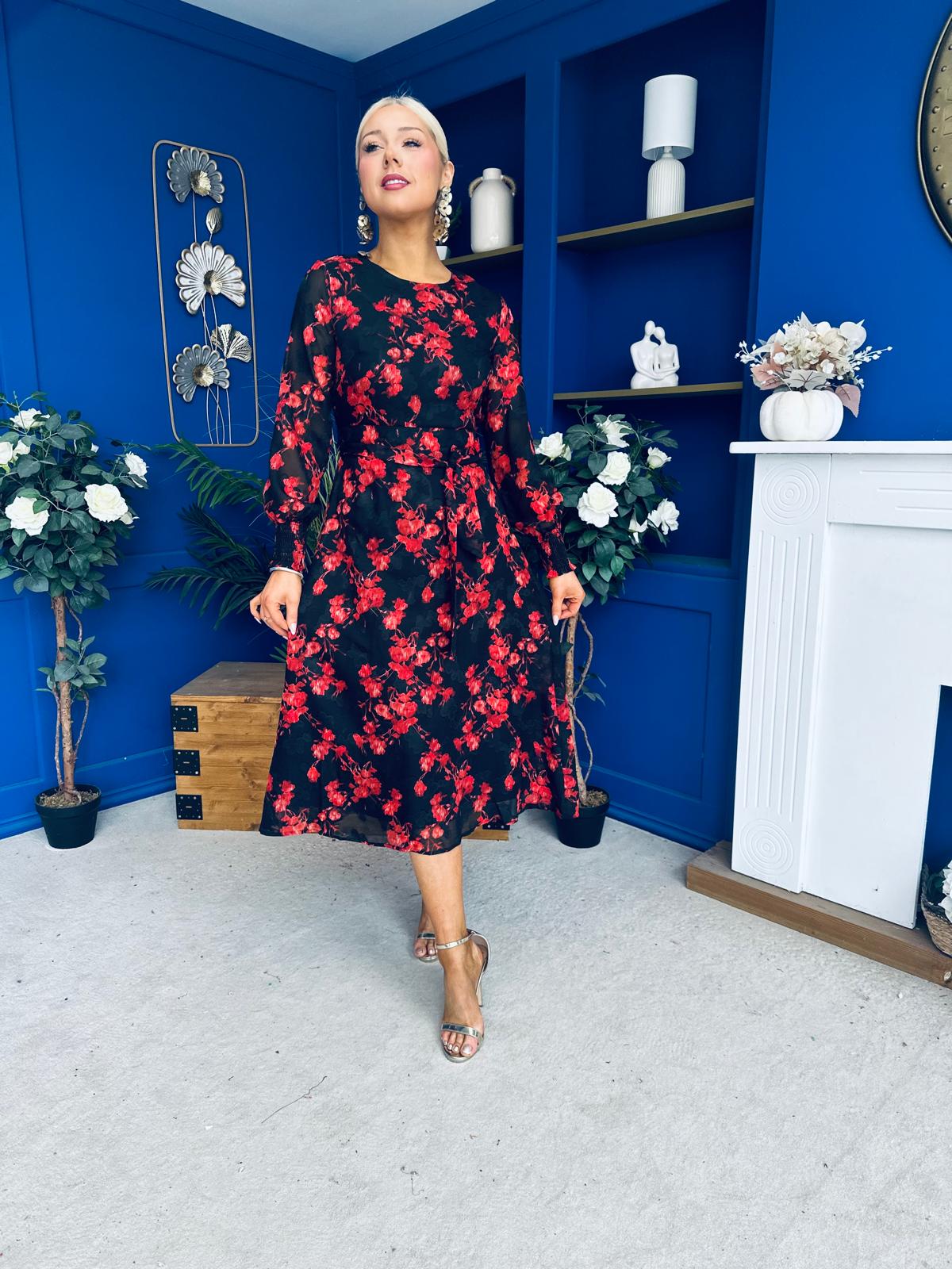Perry Full Sleeve Midi Dress Floral Black
