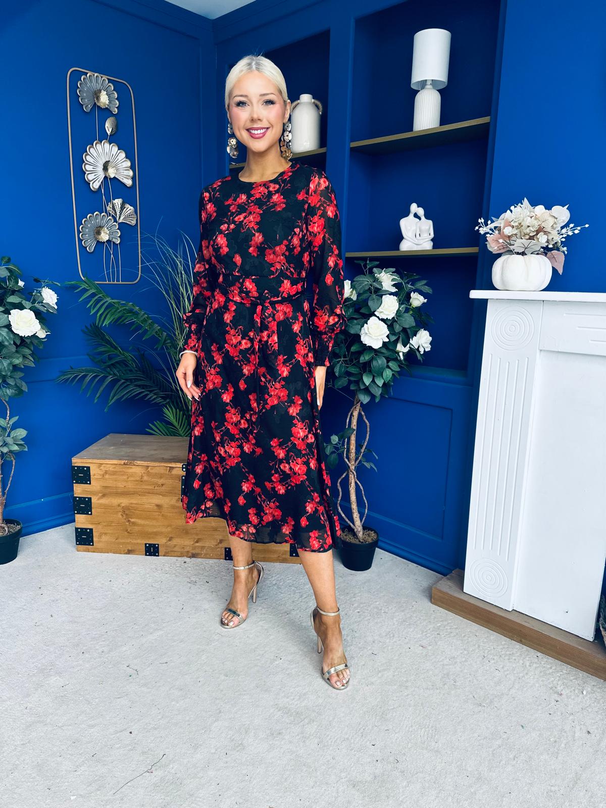 Perry Full Sleeve Midi Dress Floral Black