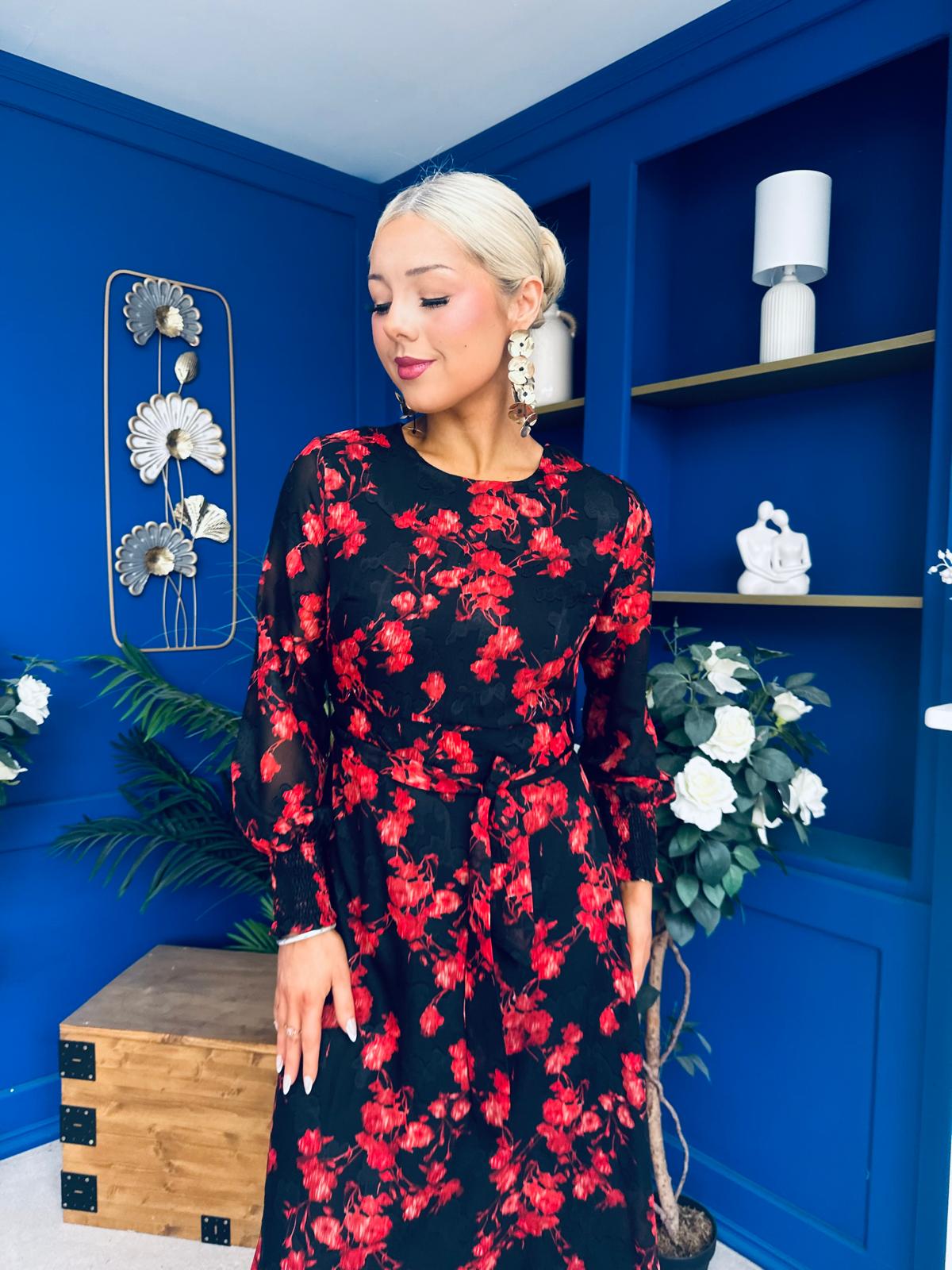 Perry Full Sleeve Midi Dress Floral Black