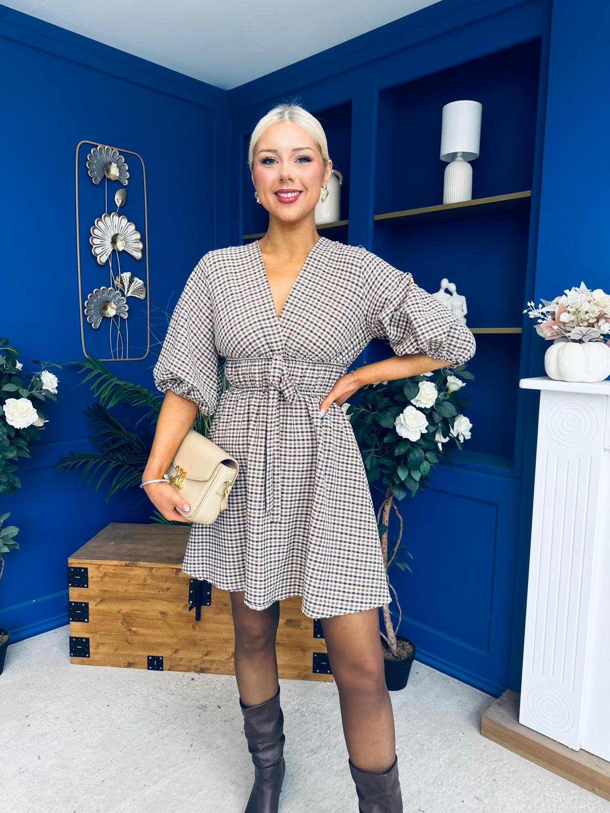 Parisa Puff Sleeve Mini Dress Check Chocolate