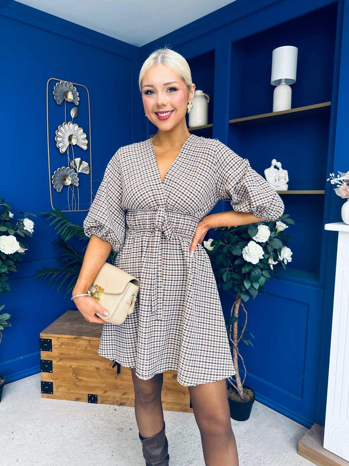 Parisa Puff Sleeve Mini Dress Check Chocolate