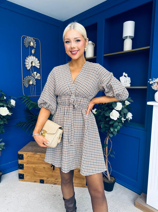 Parisa Puff Sleeve Mini Dress Check Chocolate