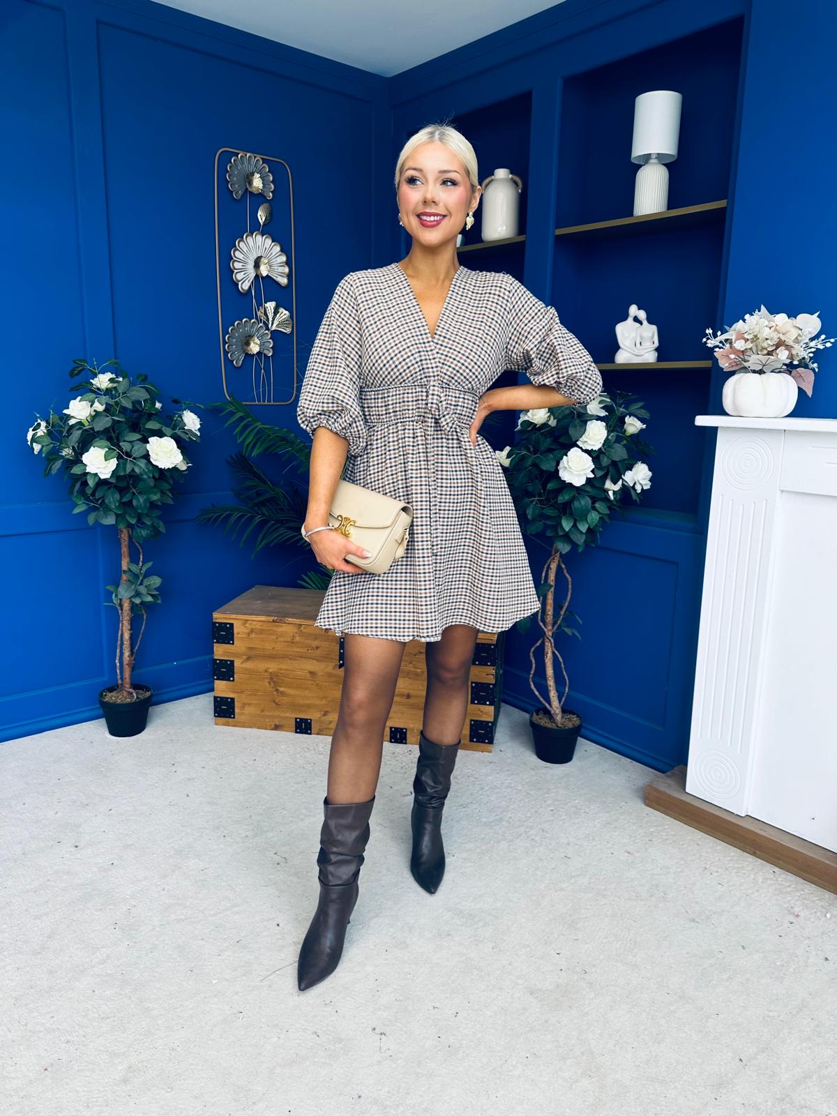 Parisa Puff Sleeve Mini Dress Check Chocolate