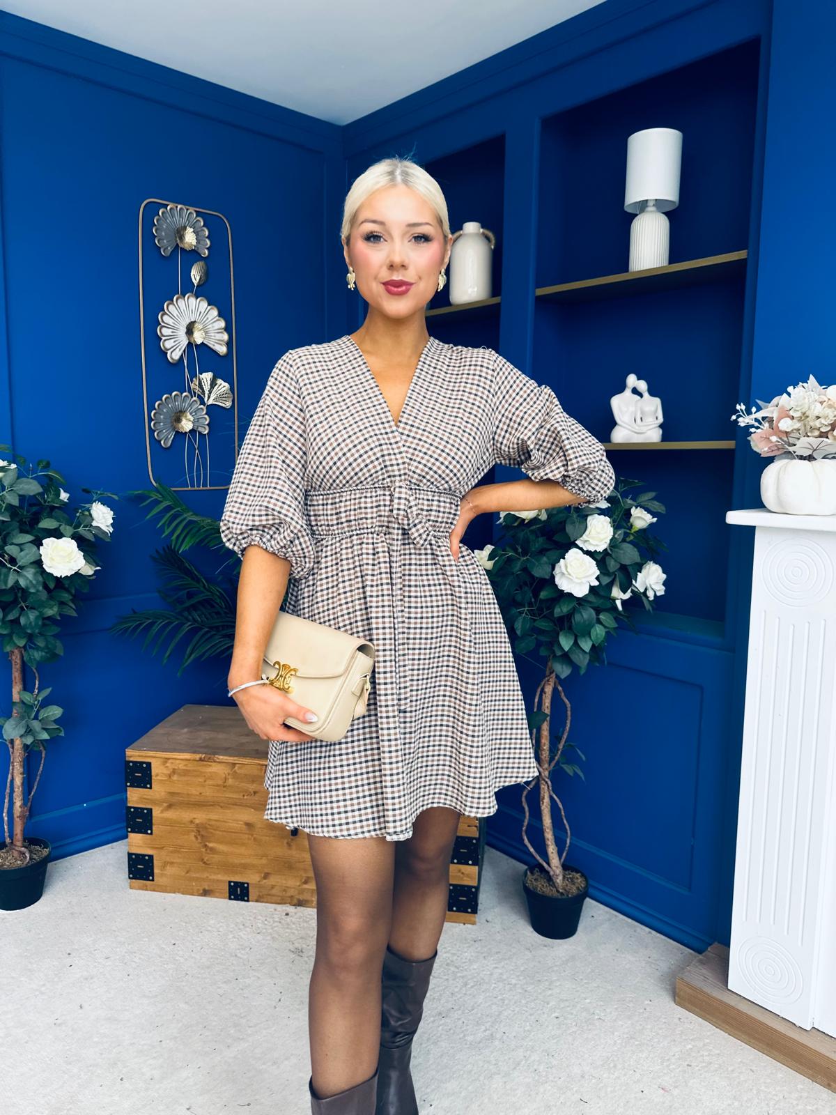Parisa Puff Sleeve Mini Dress Check Chocolate