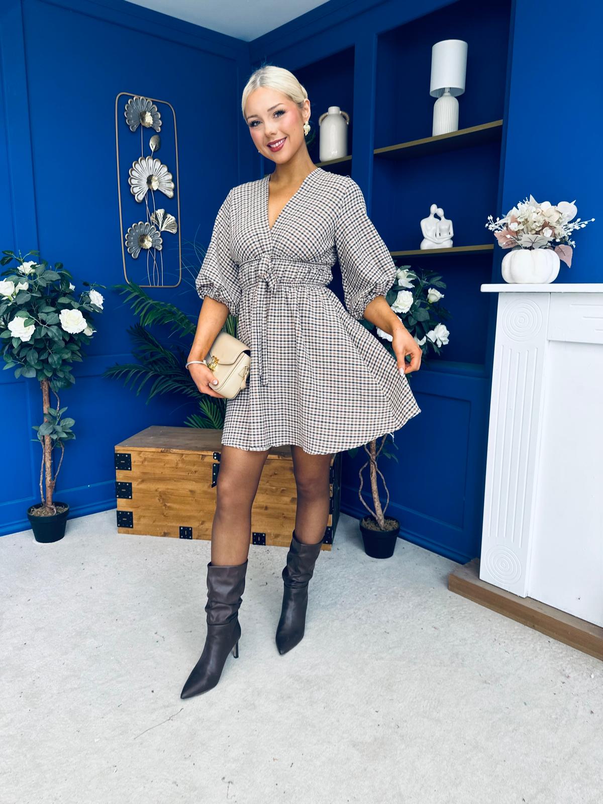 Parisa Puff Sleeve Mini Dress Check Chocolate