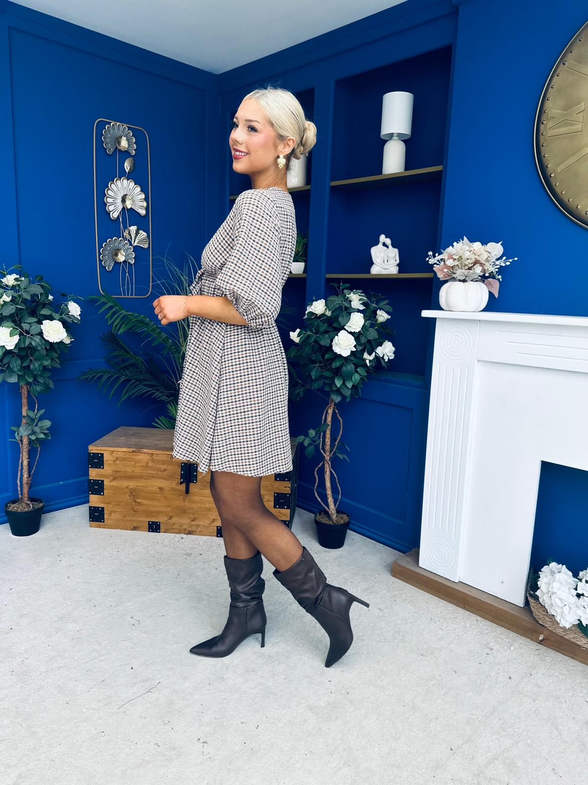 Parisa Puff Sleeve Mini Dress Check Chocolate