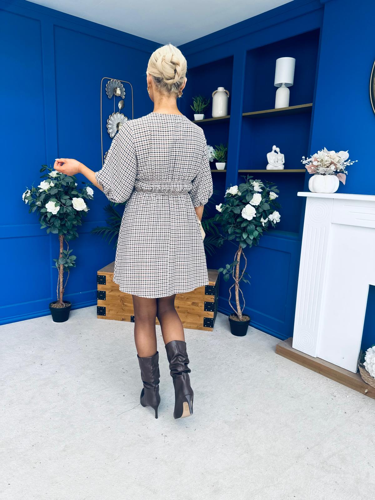 Parisa Puff Sleeve Mini Dress Check Chocolate