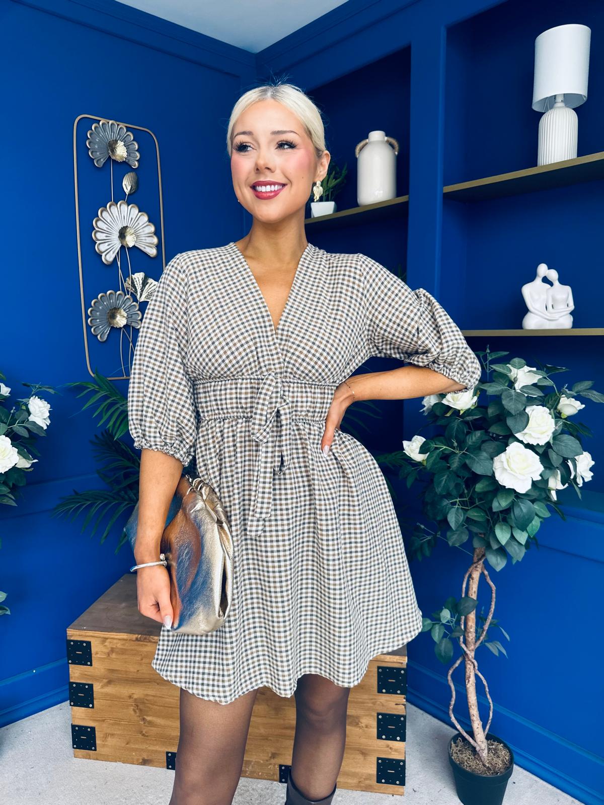 Parisa Puff Sleeve Mini Dress Check Khaki