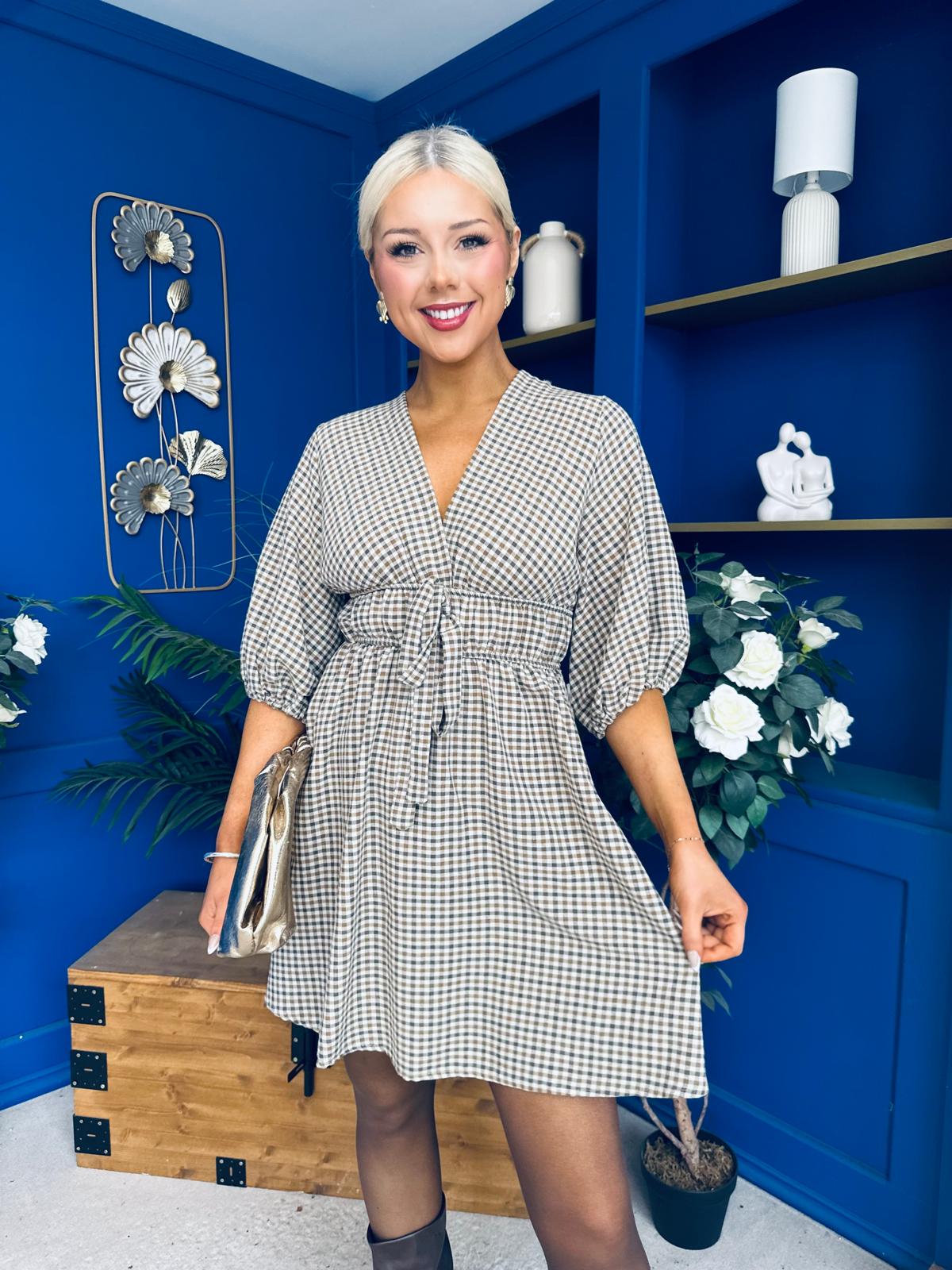 Parisa Puff Sleeve Mini Dress Check Khaki
