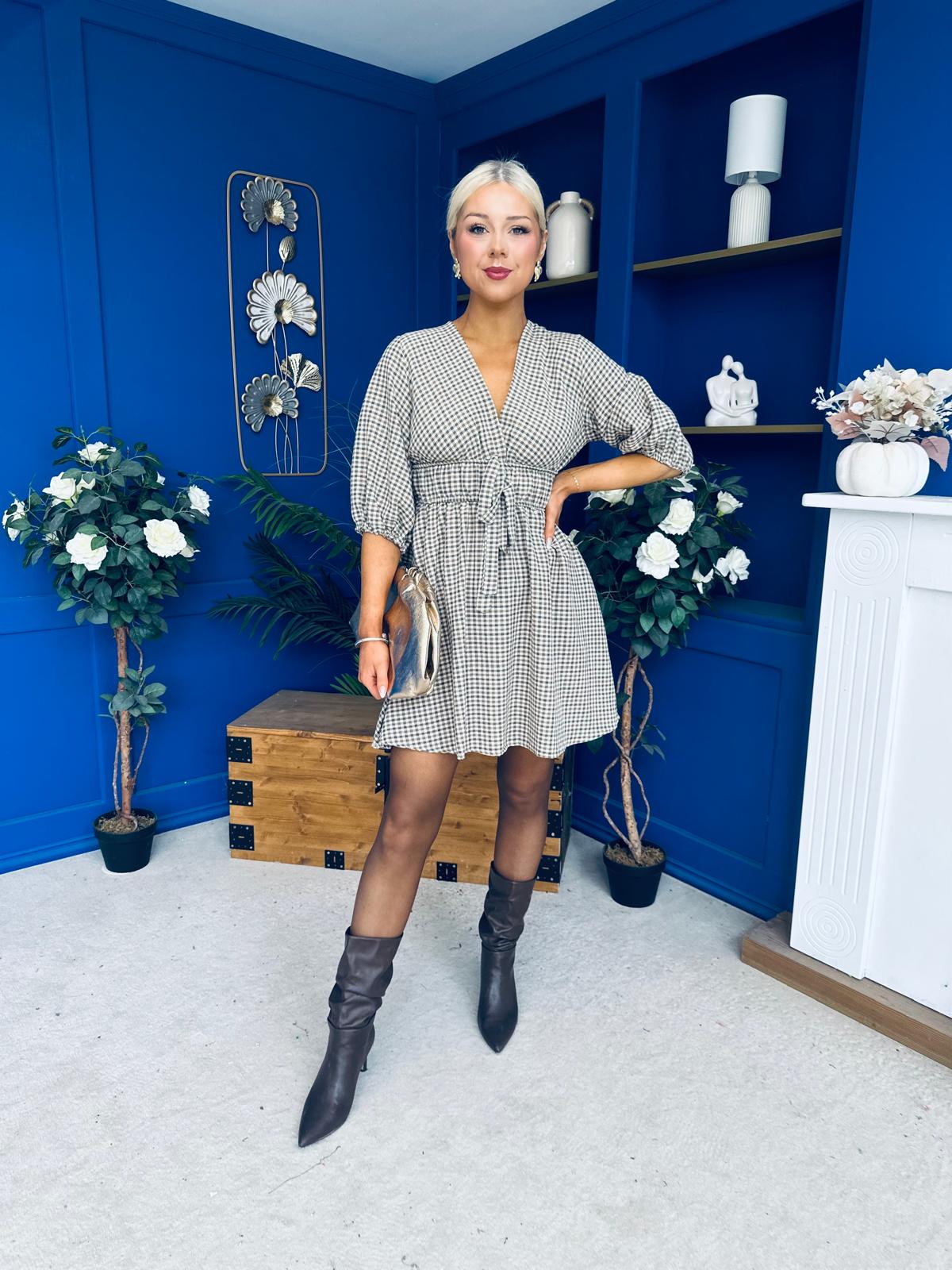 Parisa Puff Sleeve Mini Dress Check Khaki