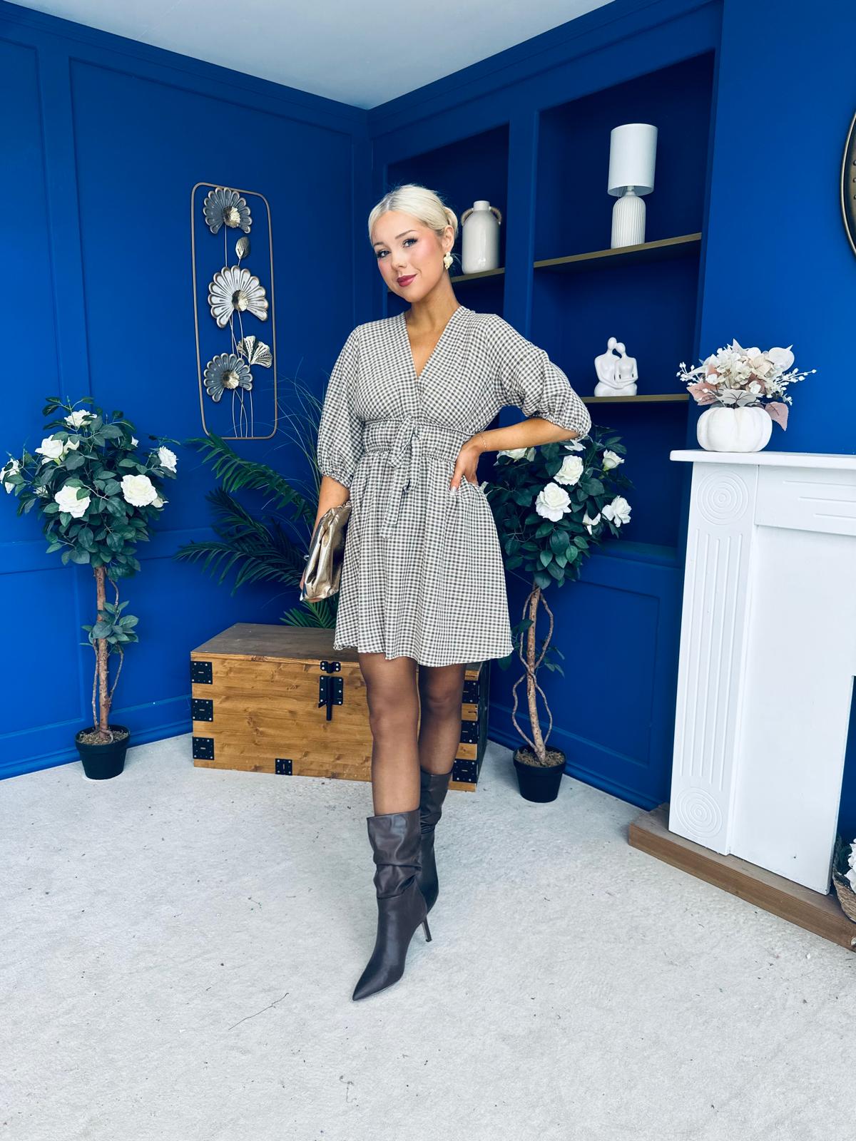 Parisa Puff Sleeve Mini Dress Check Khaki
