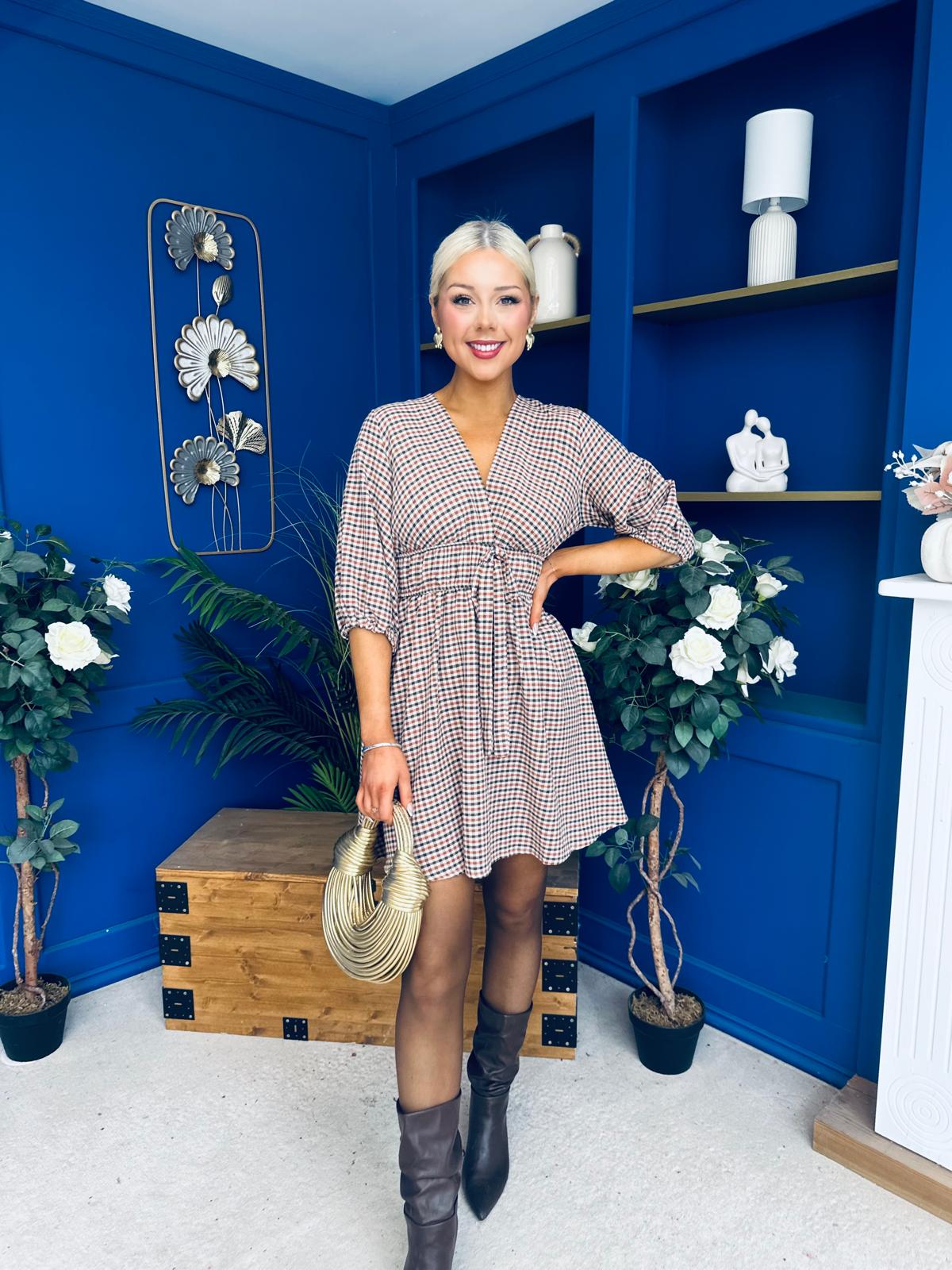 Parisa Puff Sleeve Mini Dress Check Burnt Orange