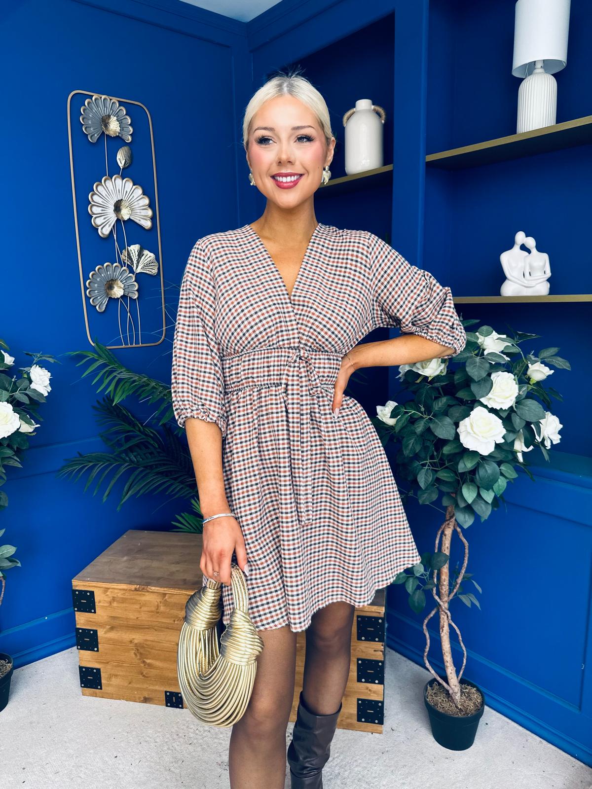 Parisa Puff Sleeve Mini Dress Check Burnt Orange