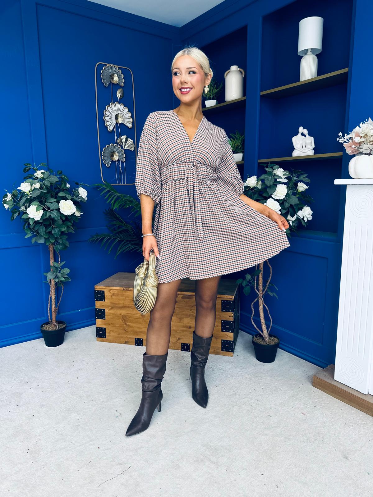 Parisa Puff Sleeve Mini Dress Check Burnt Orange