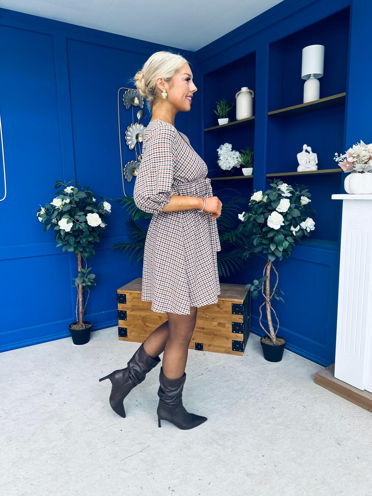 Parisa Puff Sleeve Mini Dress Check Burnt Orange